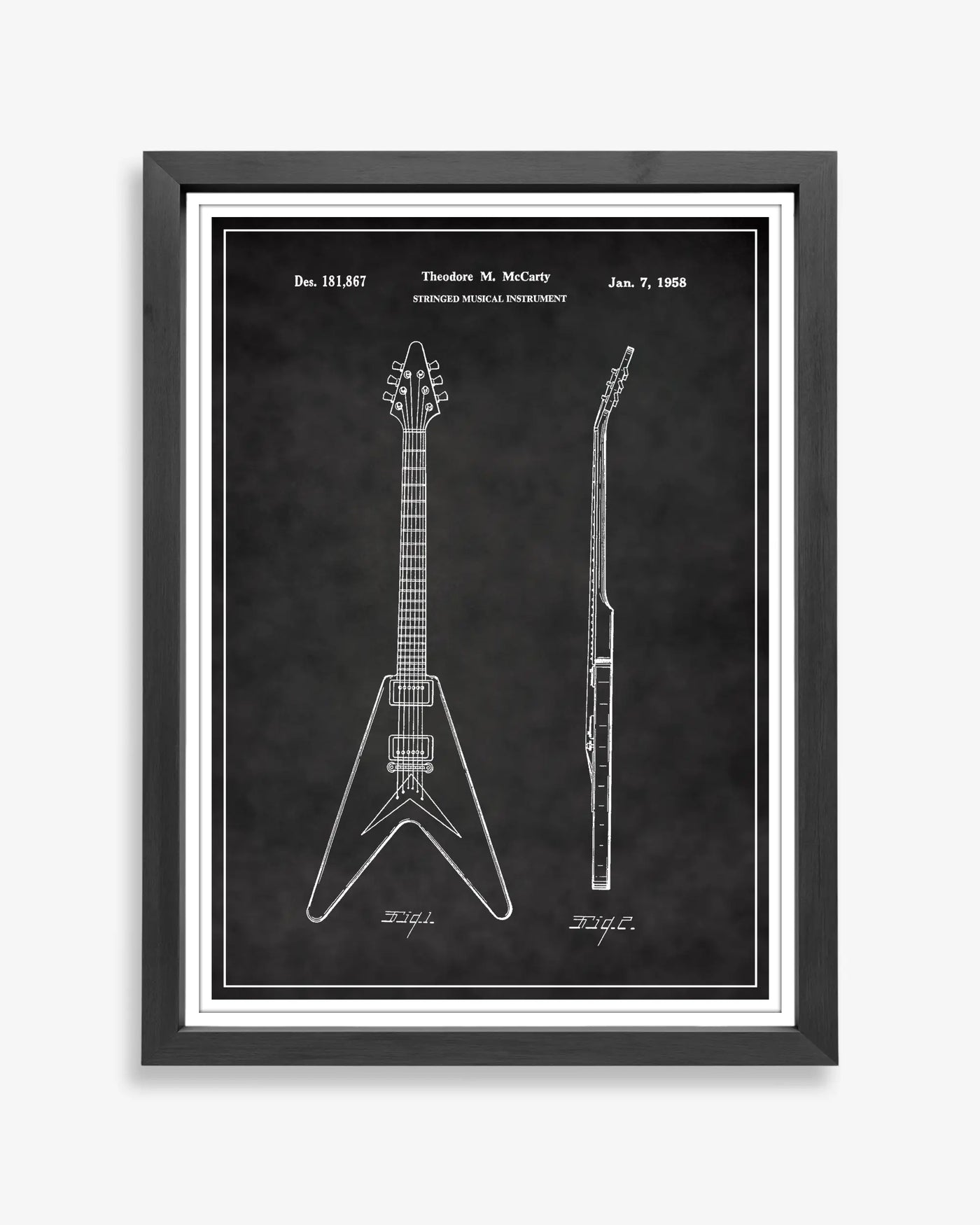 Gibson Flying V design patent poster presented in chalkboard style, unframed and ready for display.