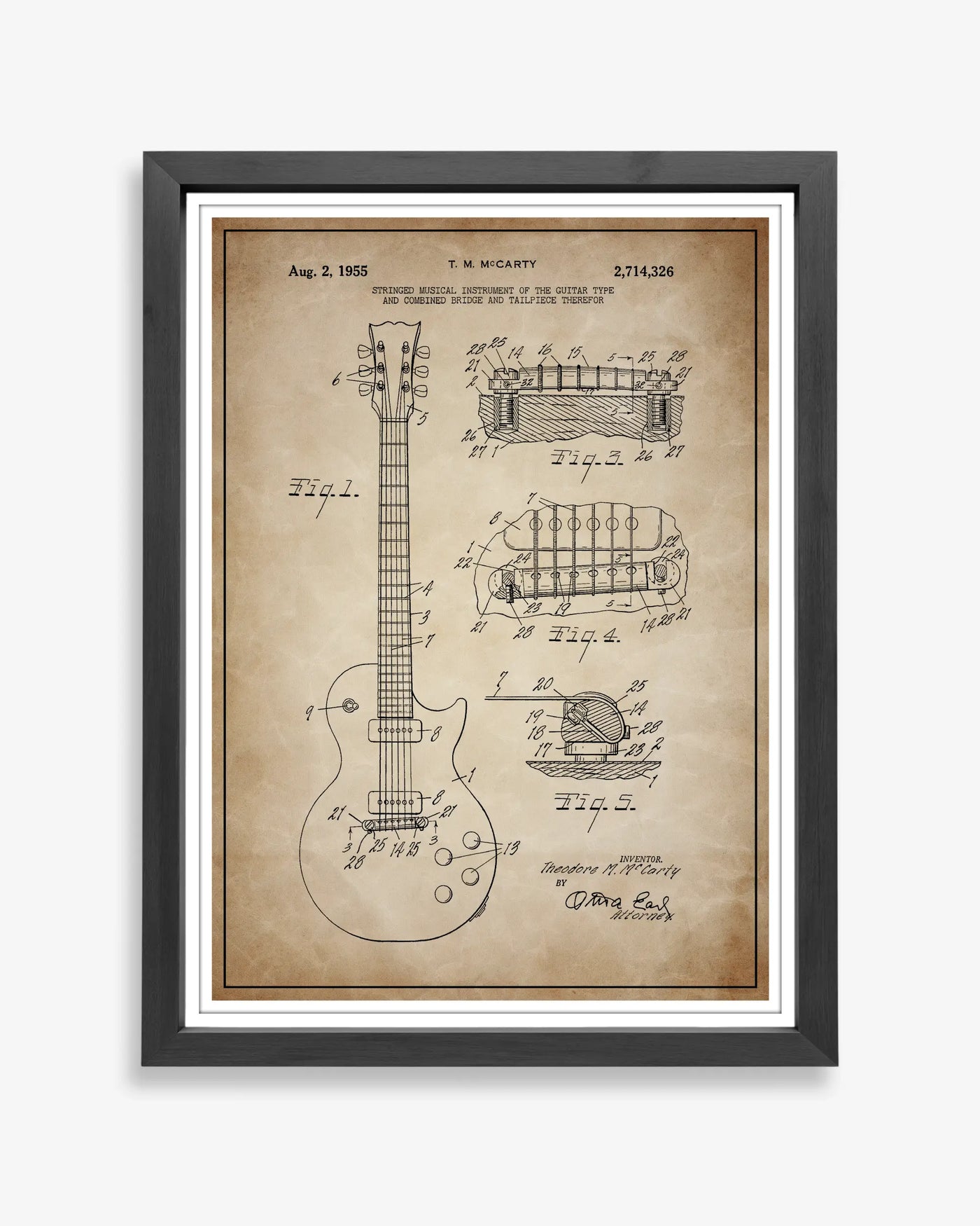 Gibson Les Paul patent poster in antique parchment style, high-resolution unframed wall art.