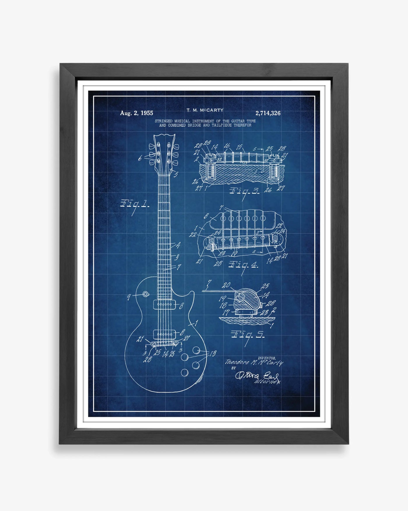 Unframed blueprint style patent poster illustrating the Gibson Les Paul design.