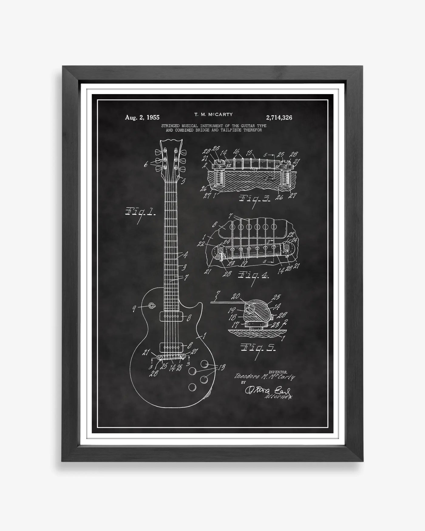 Unframed wall art featuring the Gibson Les Paul patent poster in a chalkboard finish.