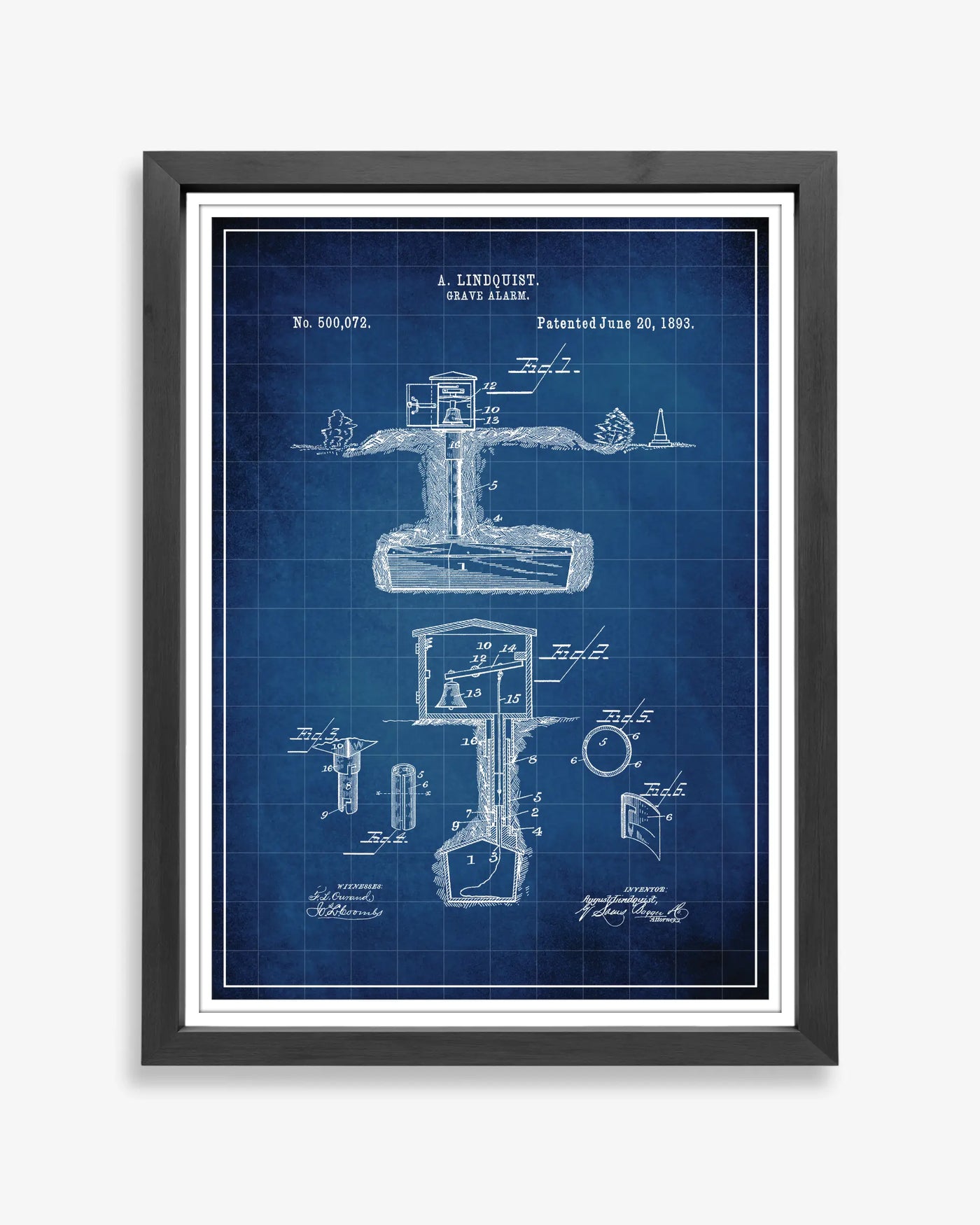 Unframed blueprint style patent poster illustrating the Grave Alarm design.
