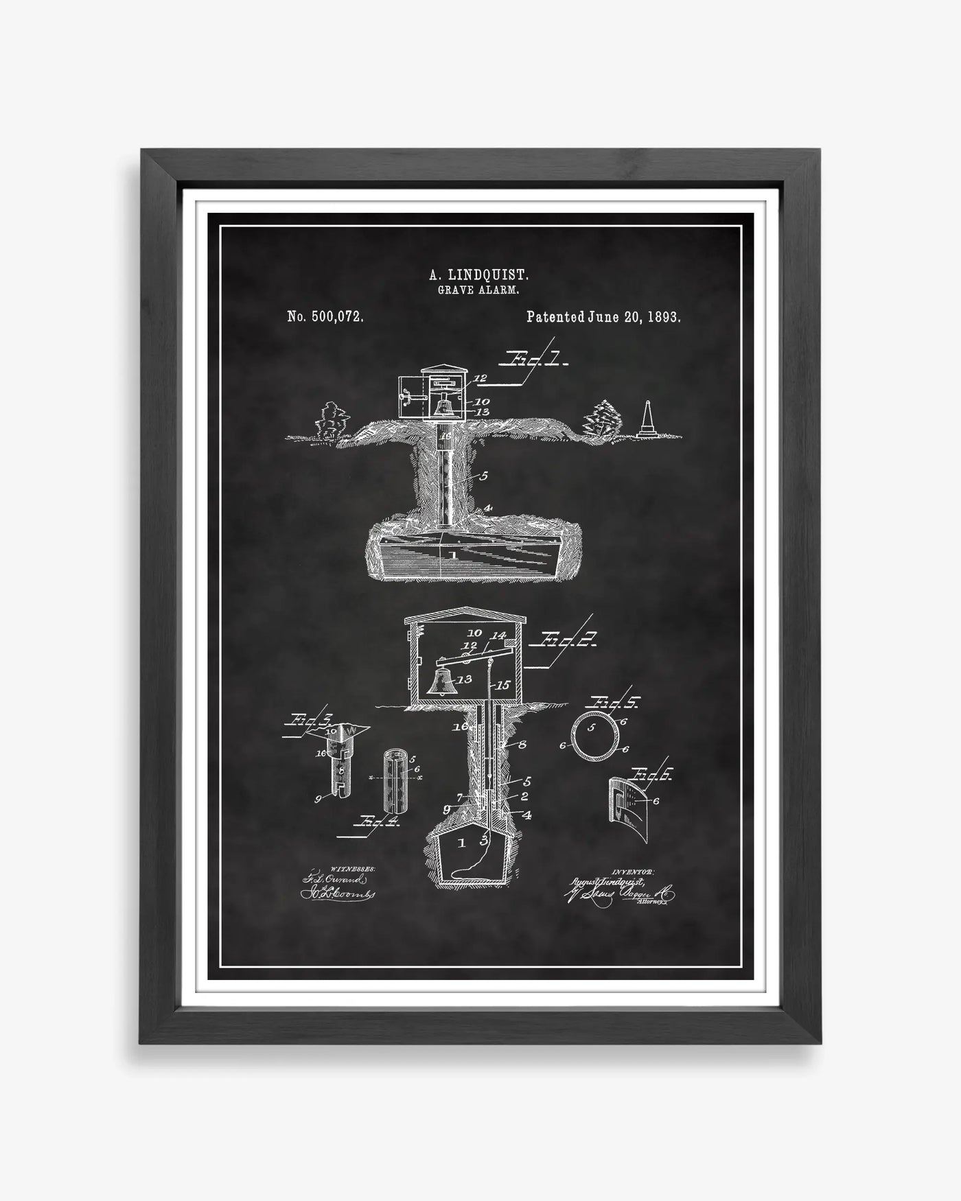 Unframed wall art featuring the Grave Alarm patent poster in a chalkboard finish.