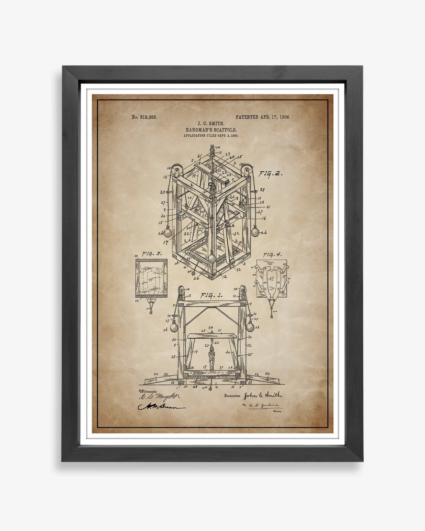 Vintage hangman’s scaffold patent illustration showing restored structural details and classic drafting