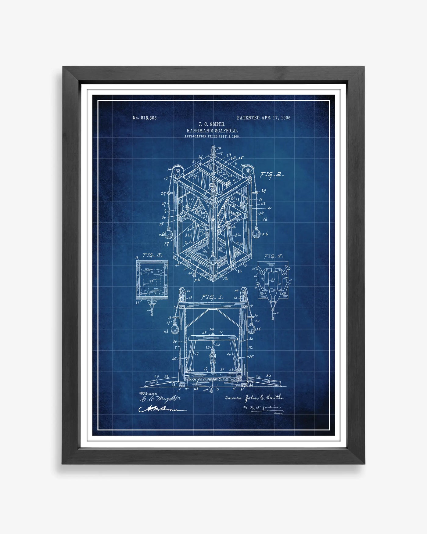 Hangman’s scaffold patent illustration showing restored details and classic drafting in blueprint finish