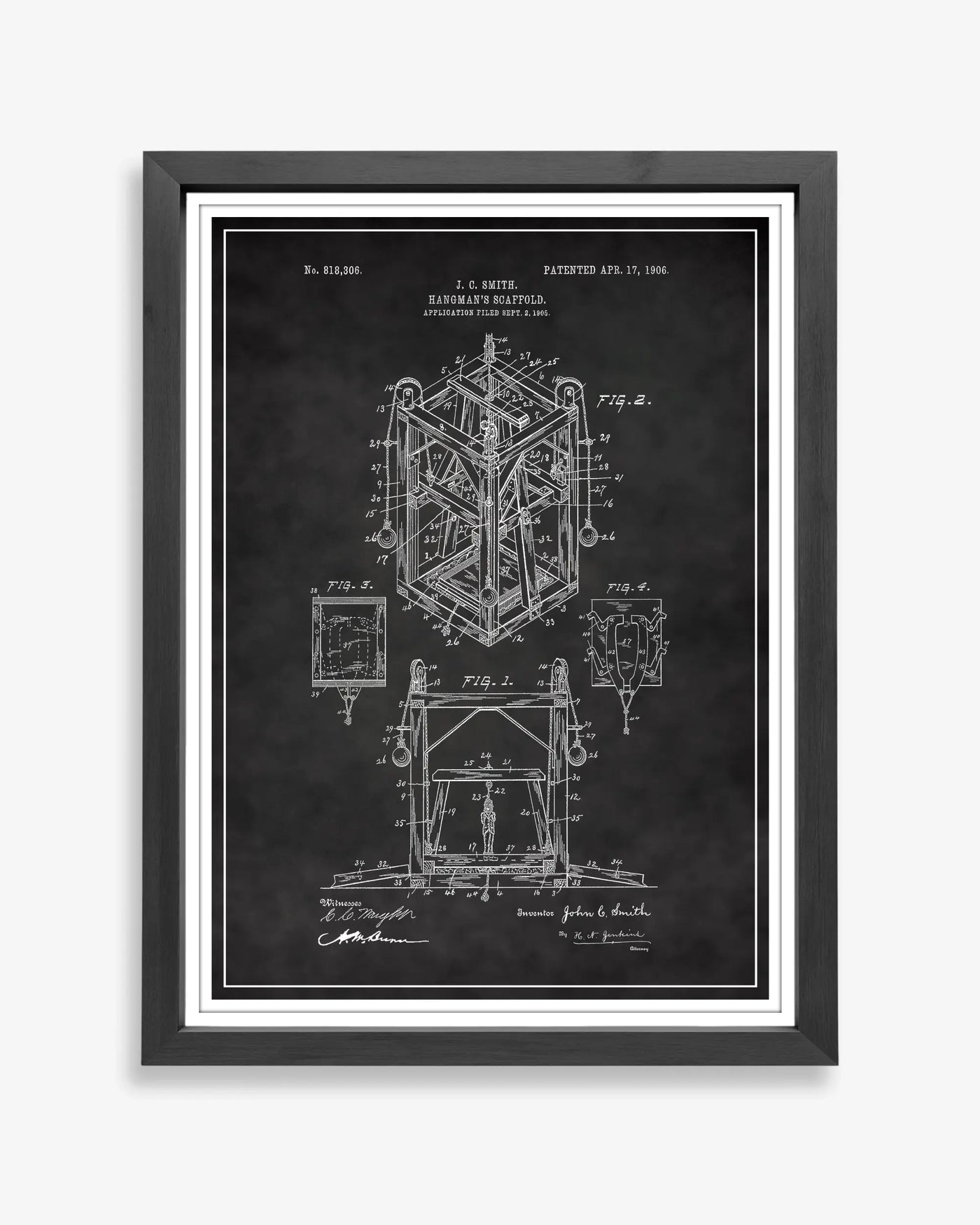 Hangman’s scaffold patent illustration showing restored details and classic drafting in chalkboardfinish