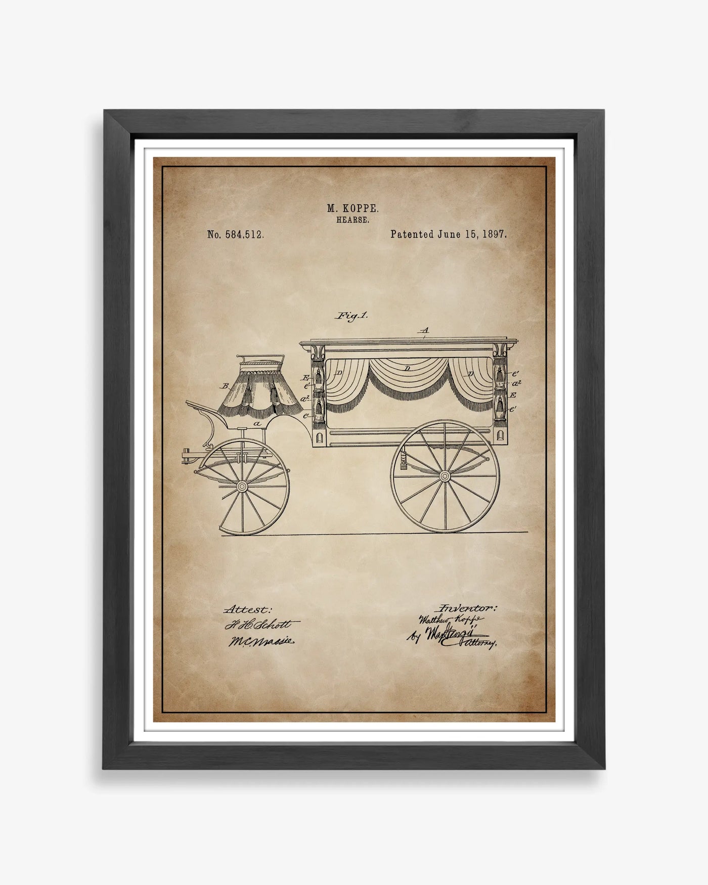 Hearse 1897 patent poster in antique parchment style, high-resolution unframed wall art.