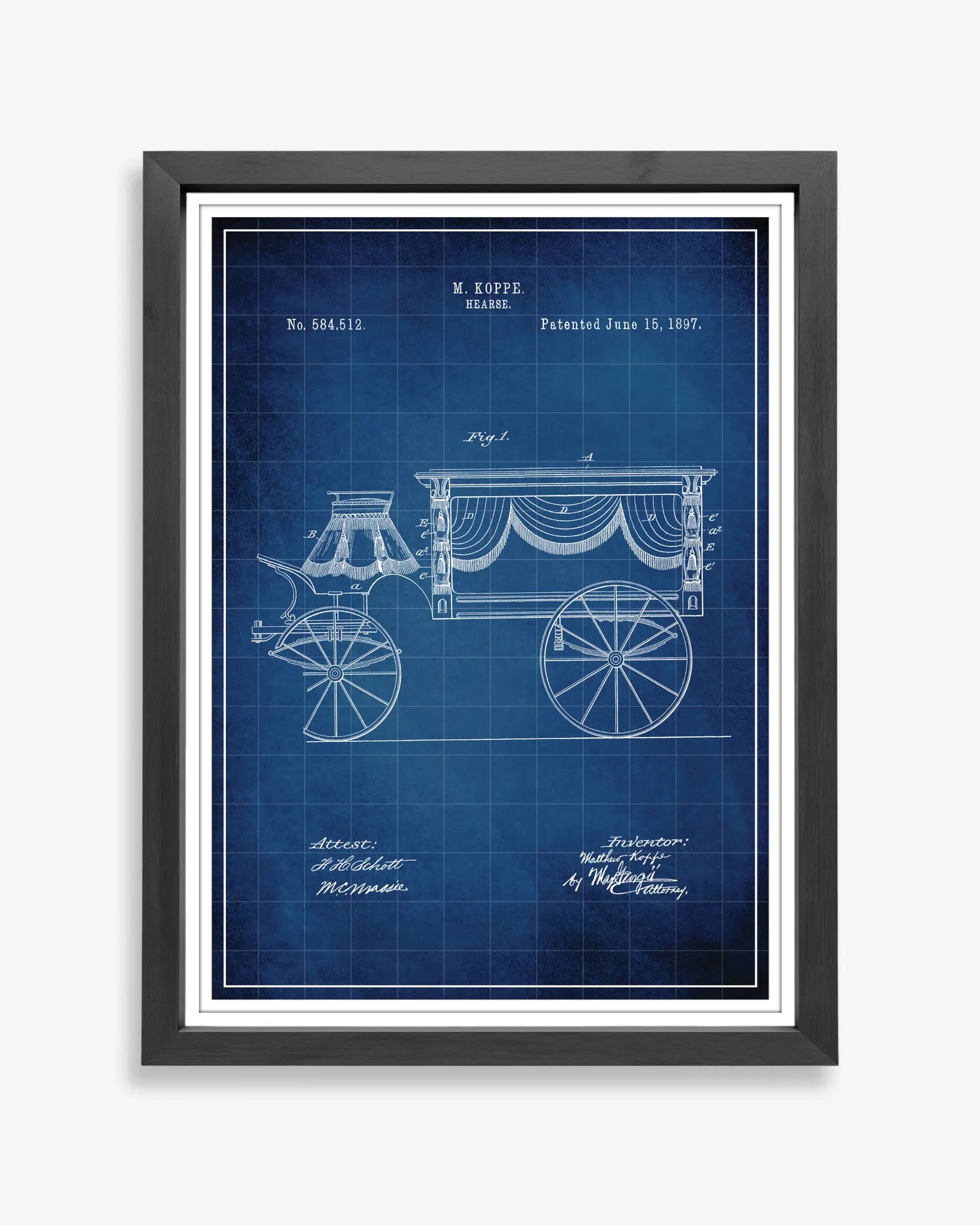 Unframed Hearse 1897 design patent poster presented in blueprint style, ready for display.
