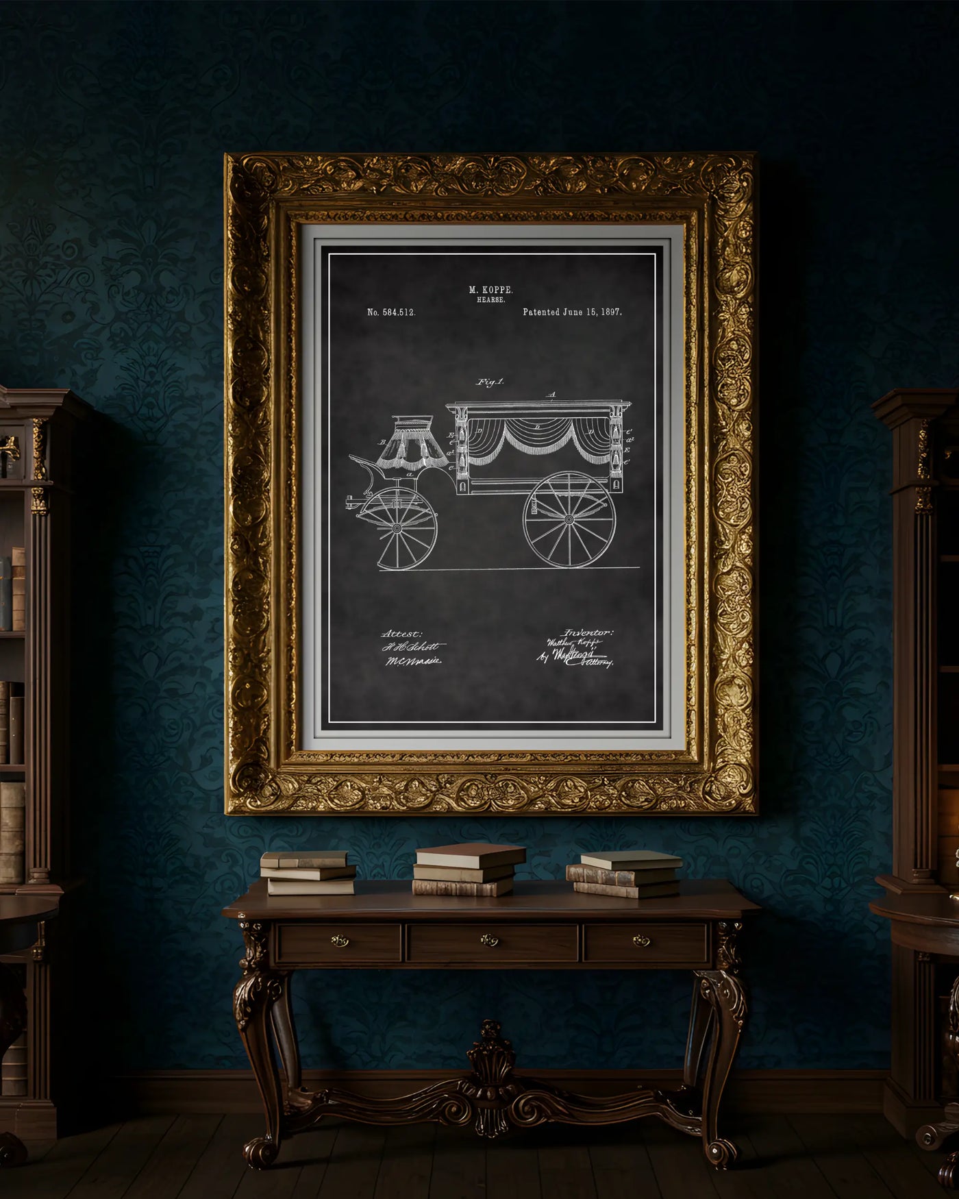 Unframed Hearse 1897 patent poster presented in chalkboard style.
