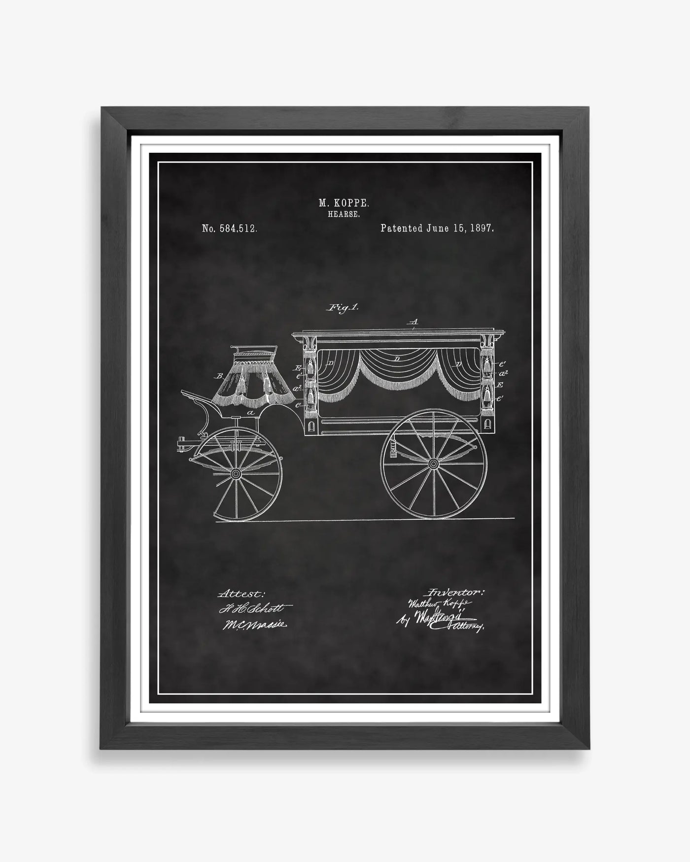 Unframed Hearse 1897 patent poster presented in chalkboard style.