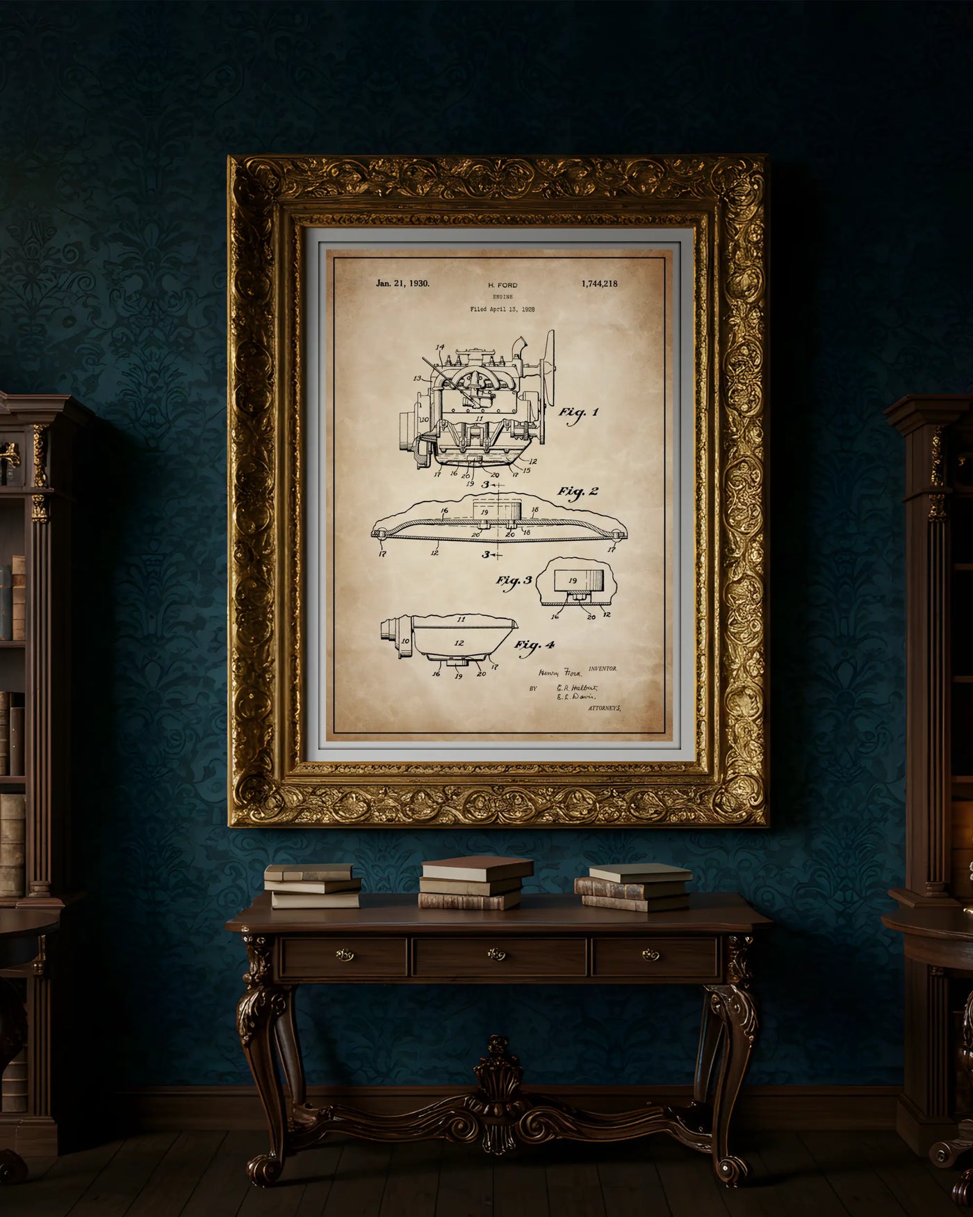 Henry Ford Model A patent poster in antique parchment style, high-resolution unframed wall art.