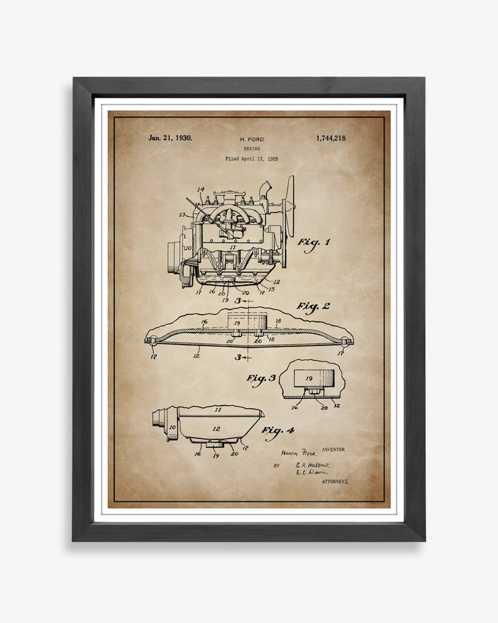 Henry Ford Model A patent poster in antique parchment style, high-resolution unframed wall art.