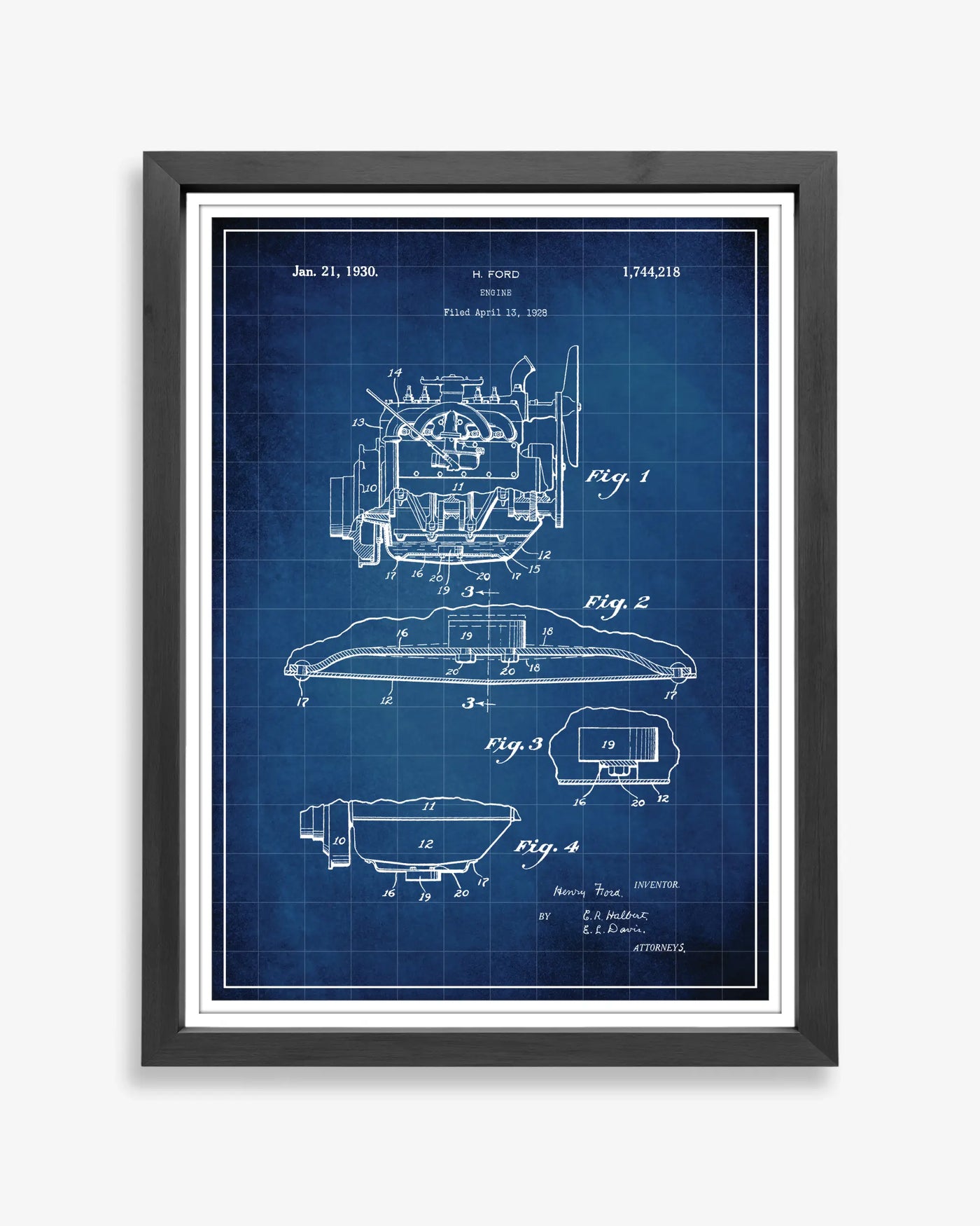 Unframed blueprint style patent poster illustrating the Henry Ford Model A design.