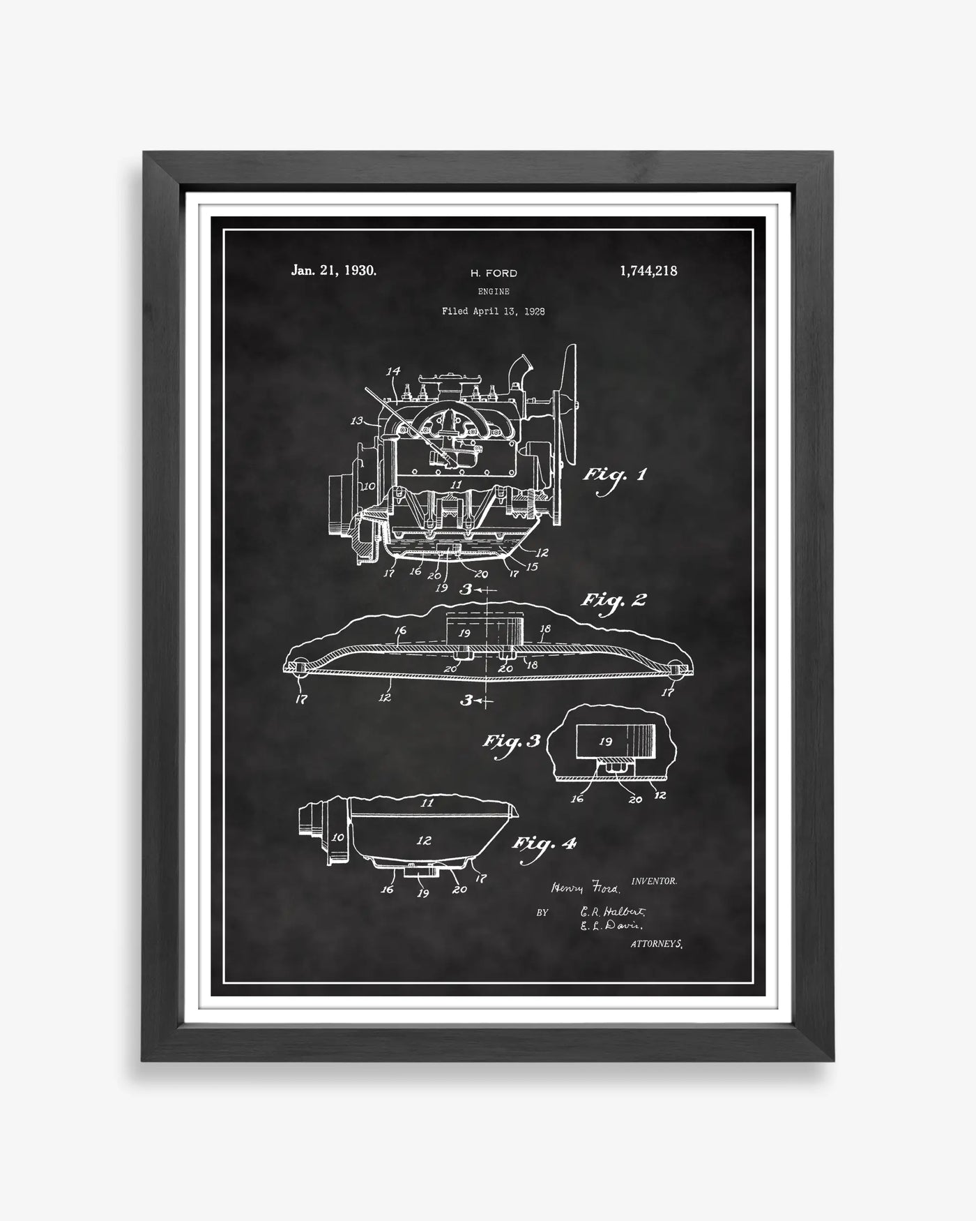 Henry Ford Model A design patent poster presented in chalkboard style, unframed and ready for display.