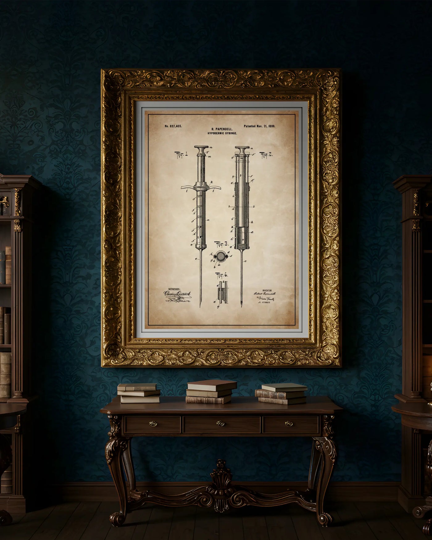 Hypodermic Syringe patent poster in antique parchment style, high-resolution unframed wall art.