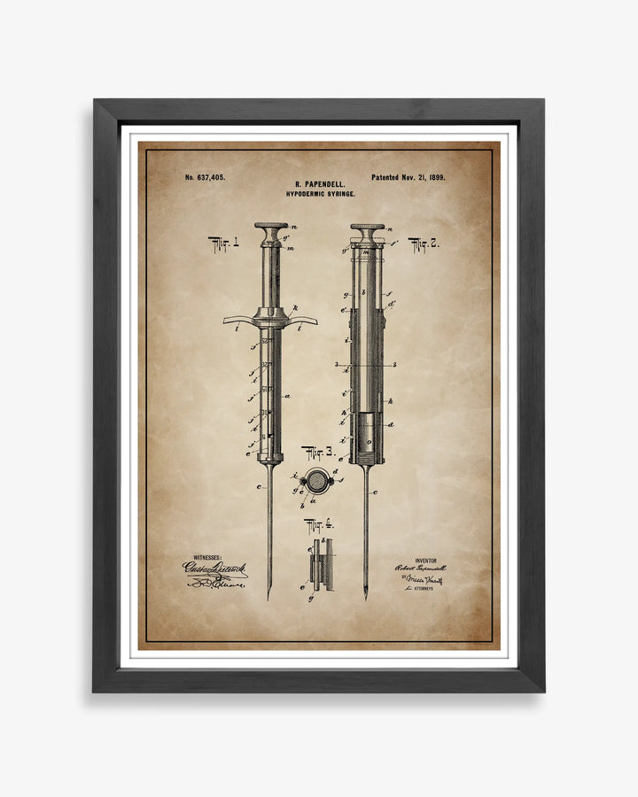 Hypodermic Syringe patent poster in antique parchment style, high-resolution unframed wall art.