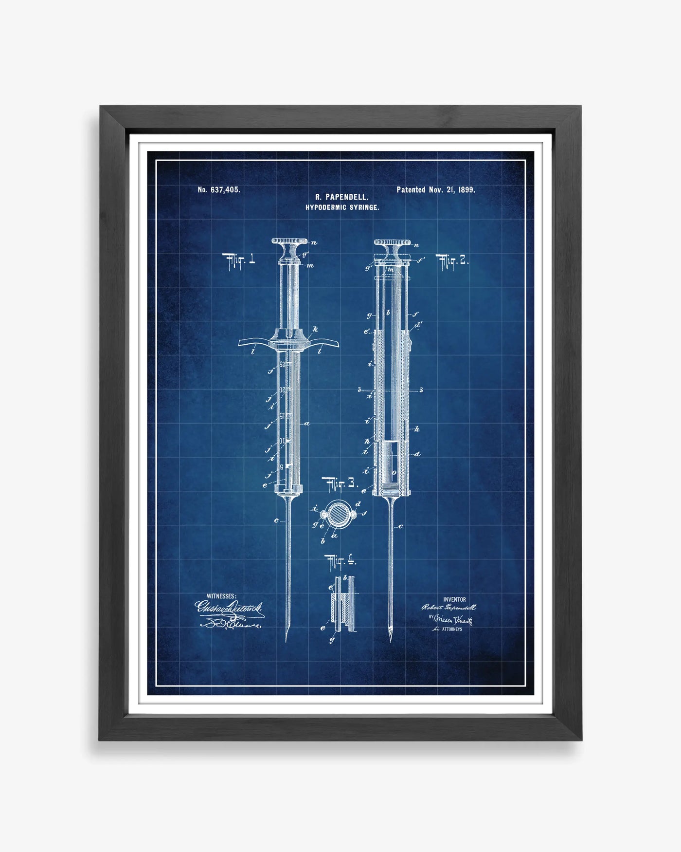 Unframed blueprint style patent poster illustrating the Hypodermic Syringe design.