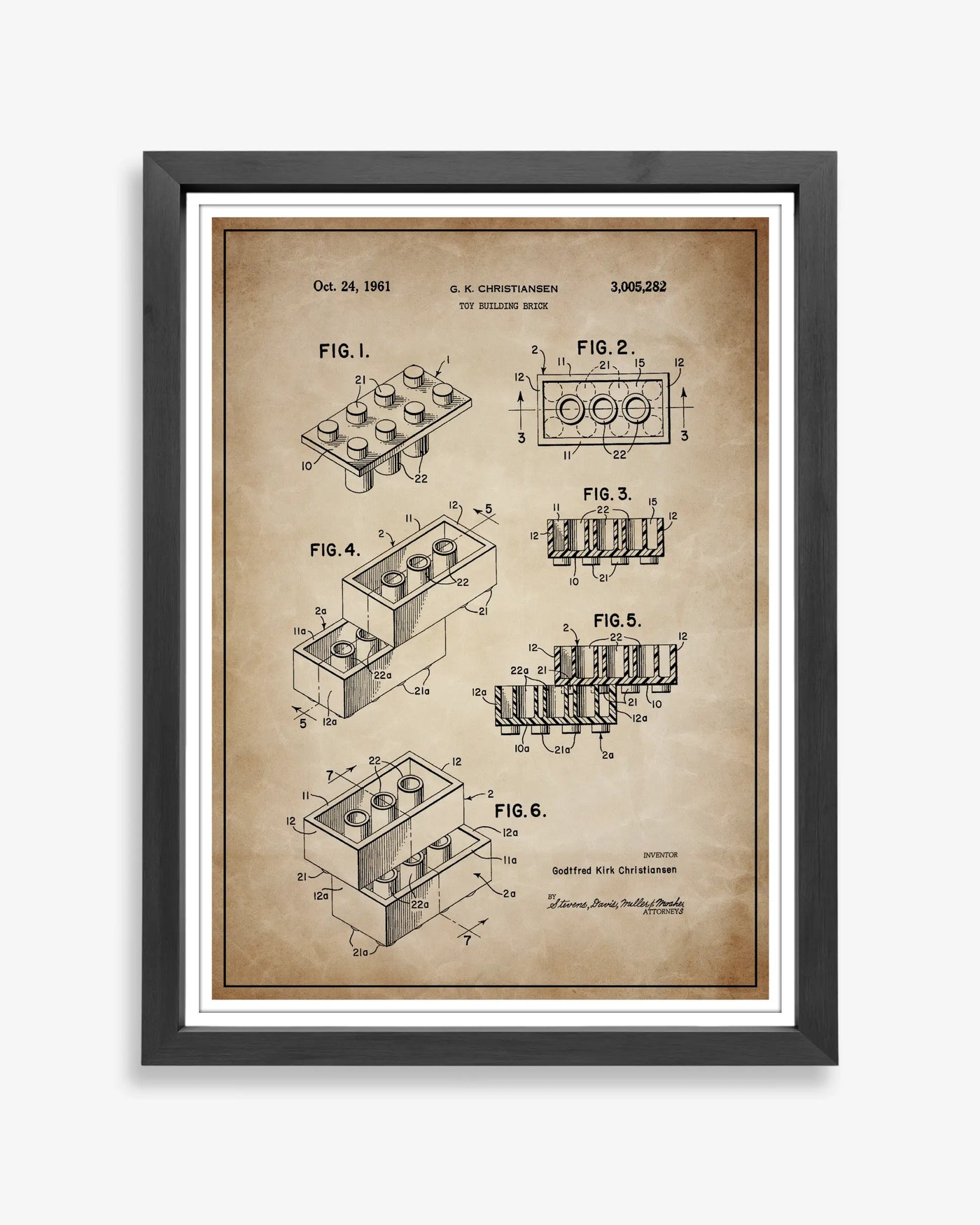 Unframed antique parchment style patent poster illustrating the Lego Brick design.