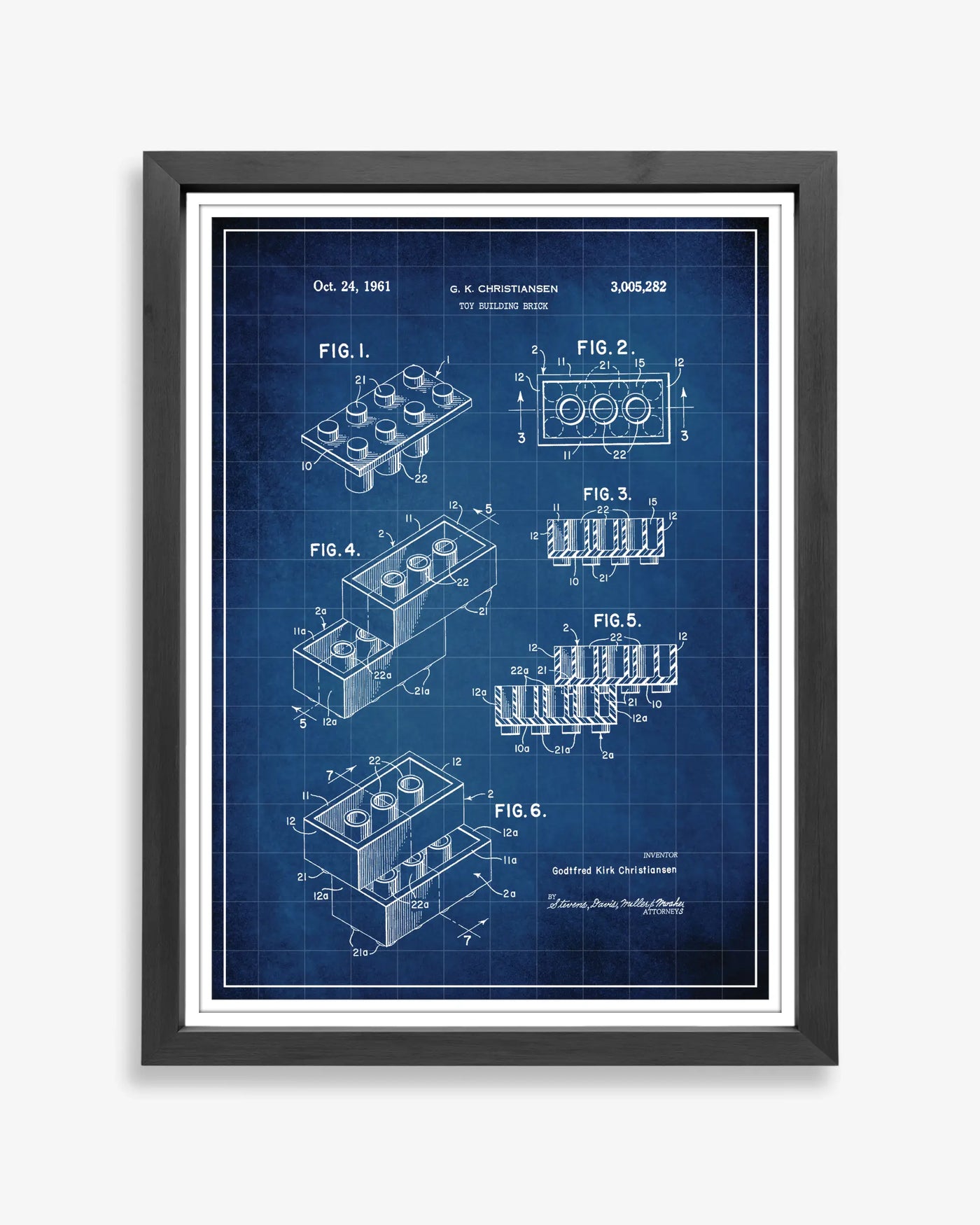 Unframed blueprint style patent poster illustrating the Lego Brick design.