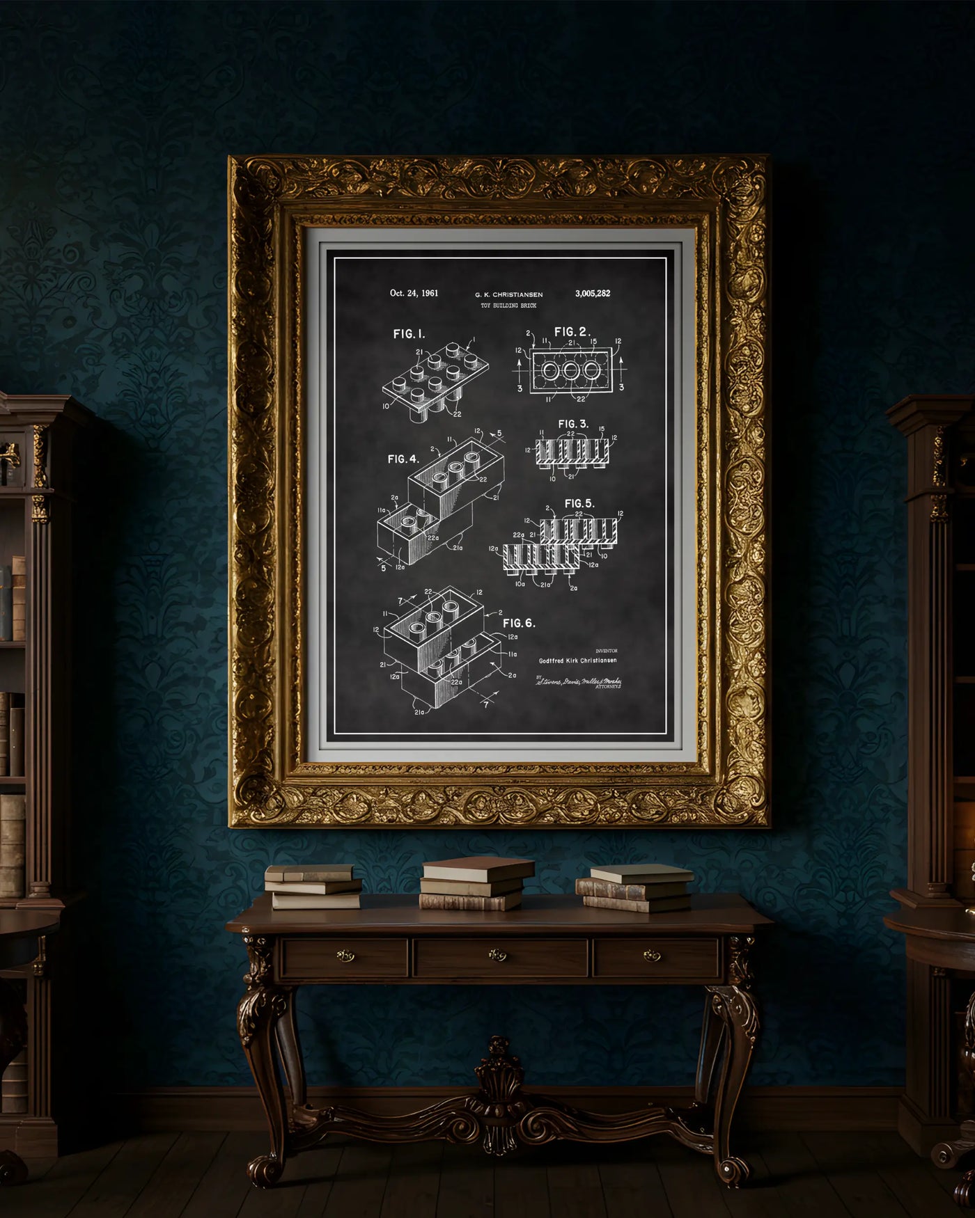 Unframed chalkboard style patent poster illustrating the Lego Brick design.