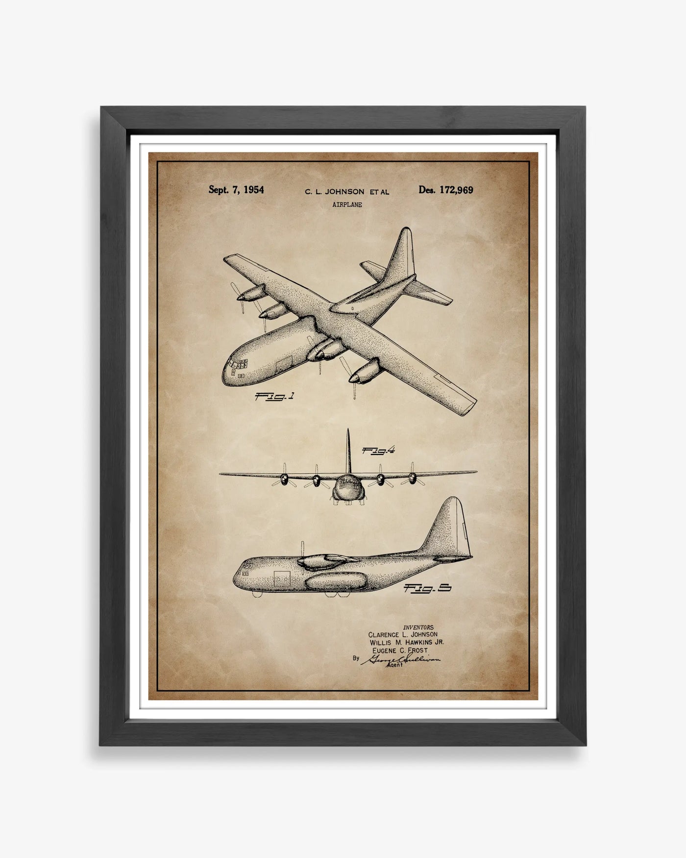 Unframed wall art featuring the Lockheed C130 patent poster in a antique parchment finish.