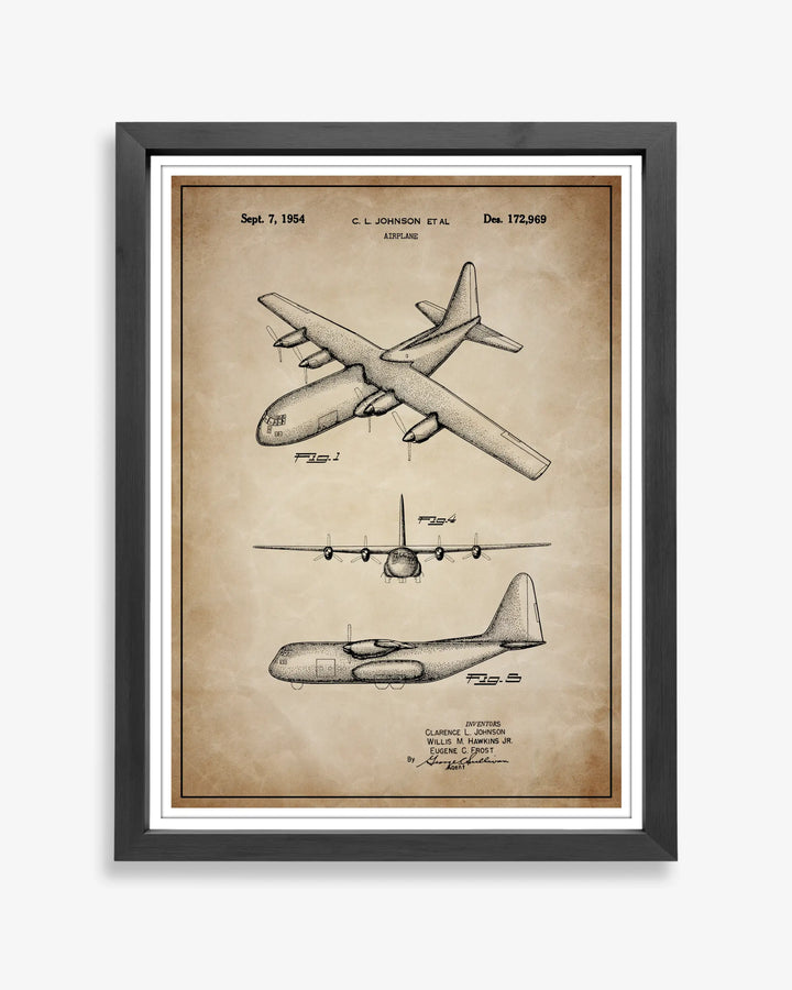 Unframed wall art featuring the Lockheed C130 patent poster in a antique parchment finish.