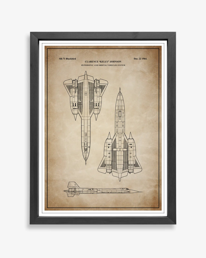 Unframed antique parchment style patent poster illustrating the Lockheed SR71 Blackbird design.
