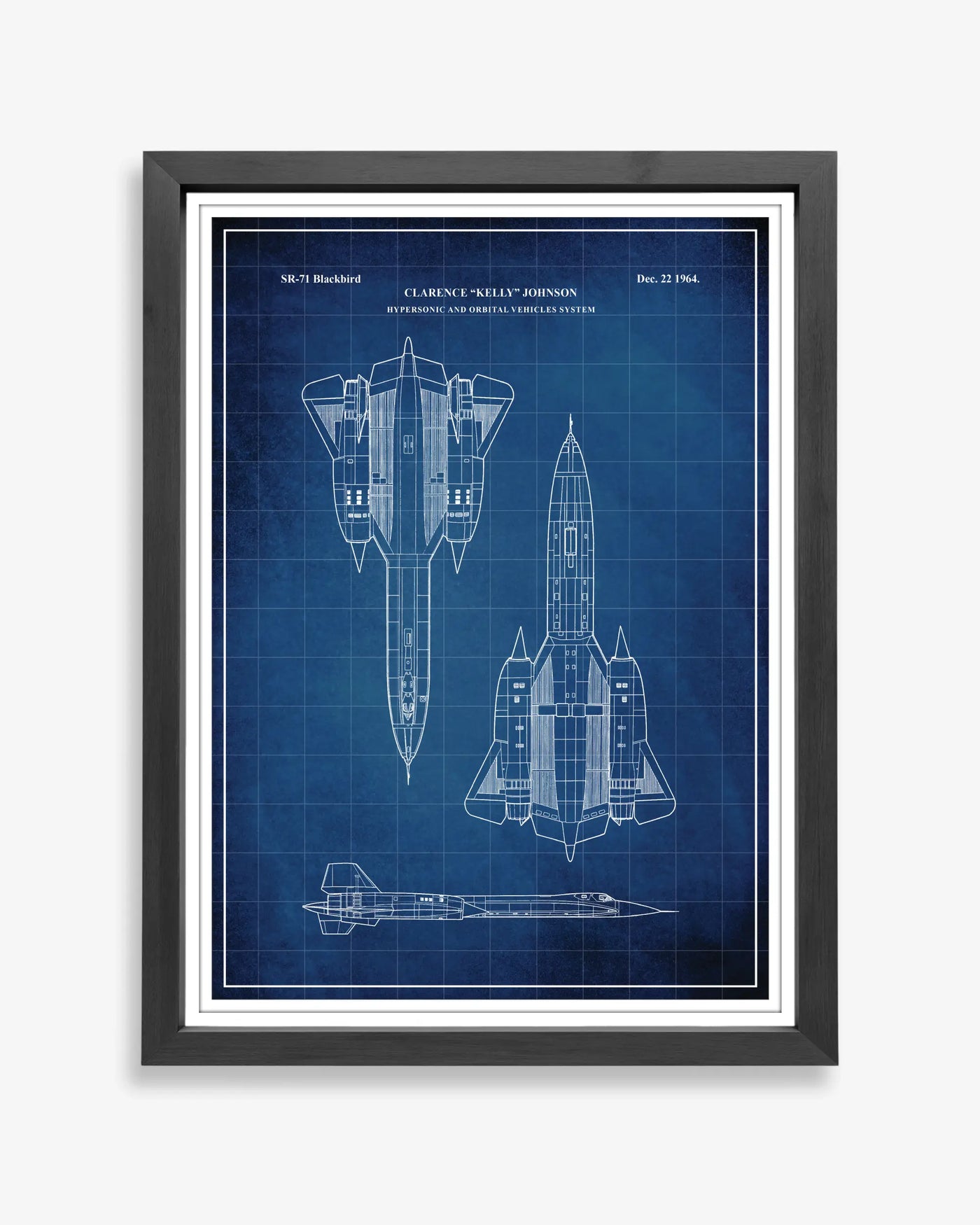 Unframed wall art featuring the Lockheed SR71 Blackbird patent poster in a blueprint finish.
