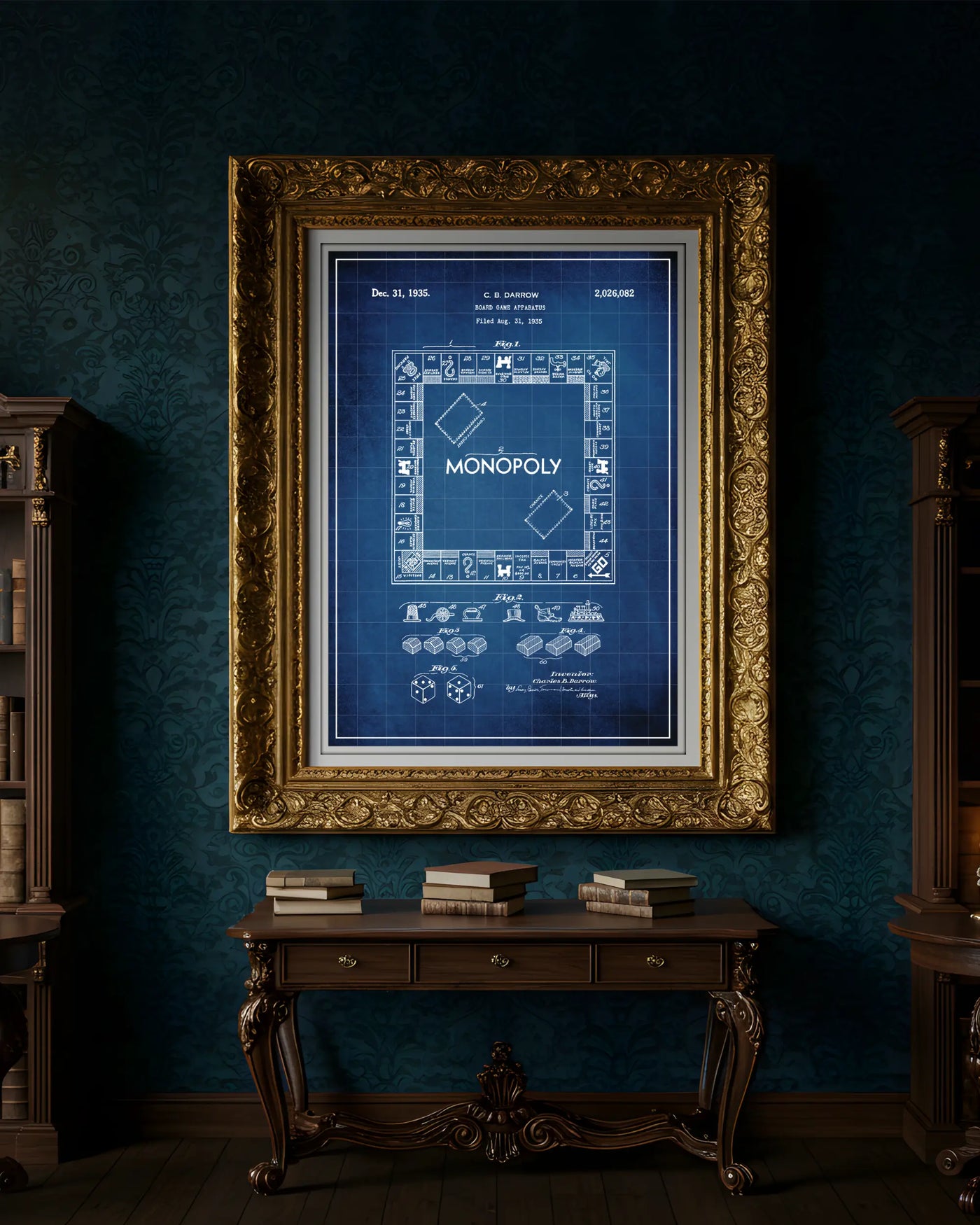 Unframed wall art featuring the Monopoly patent poster in a blueprint finish.
