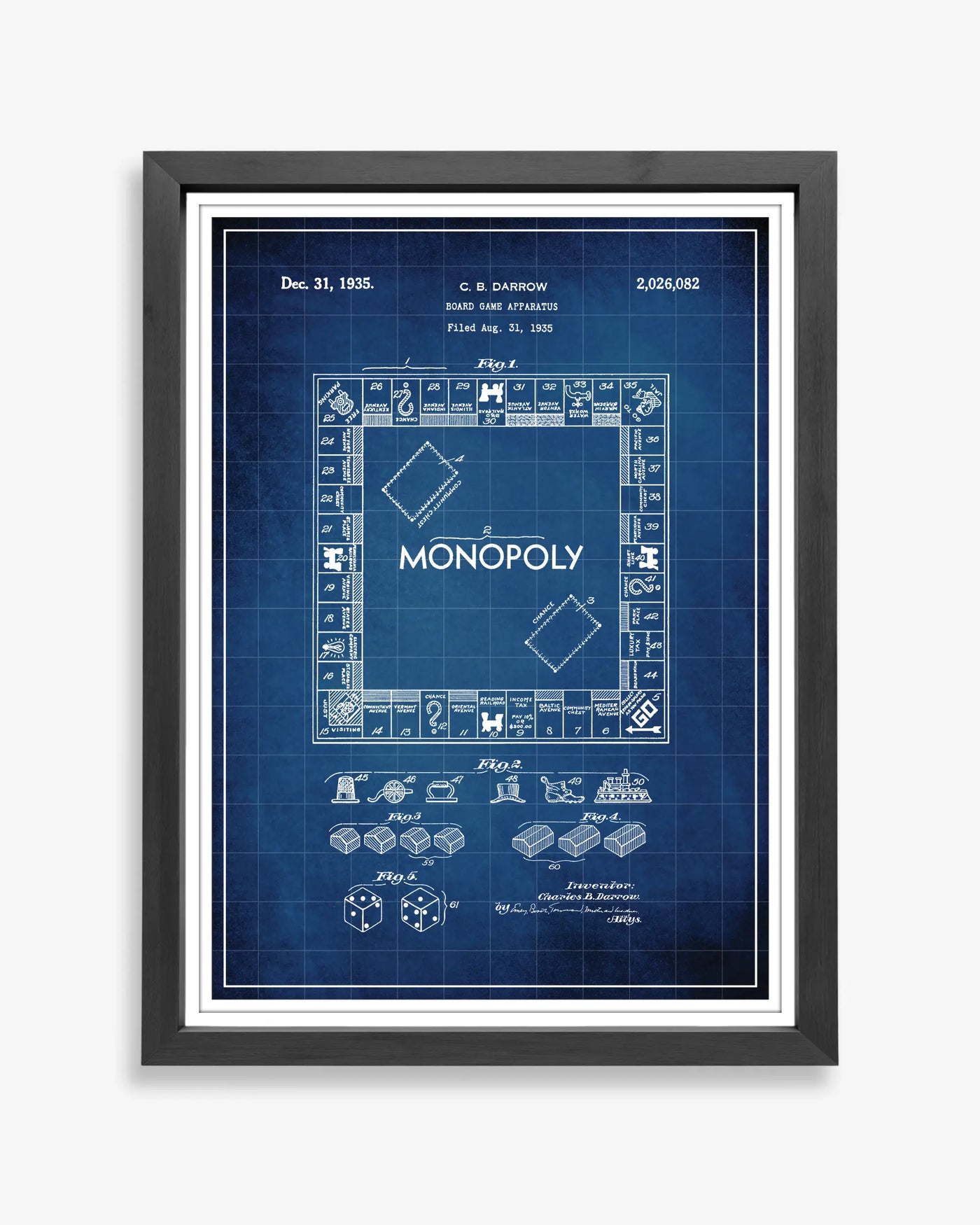 Unframed wall art featuring the Monopoly patent poster in a blueprint finish.