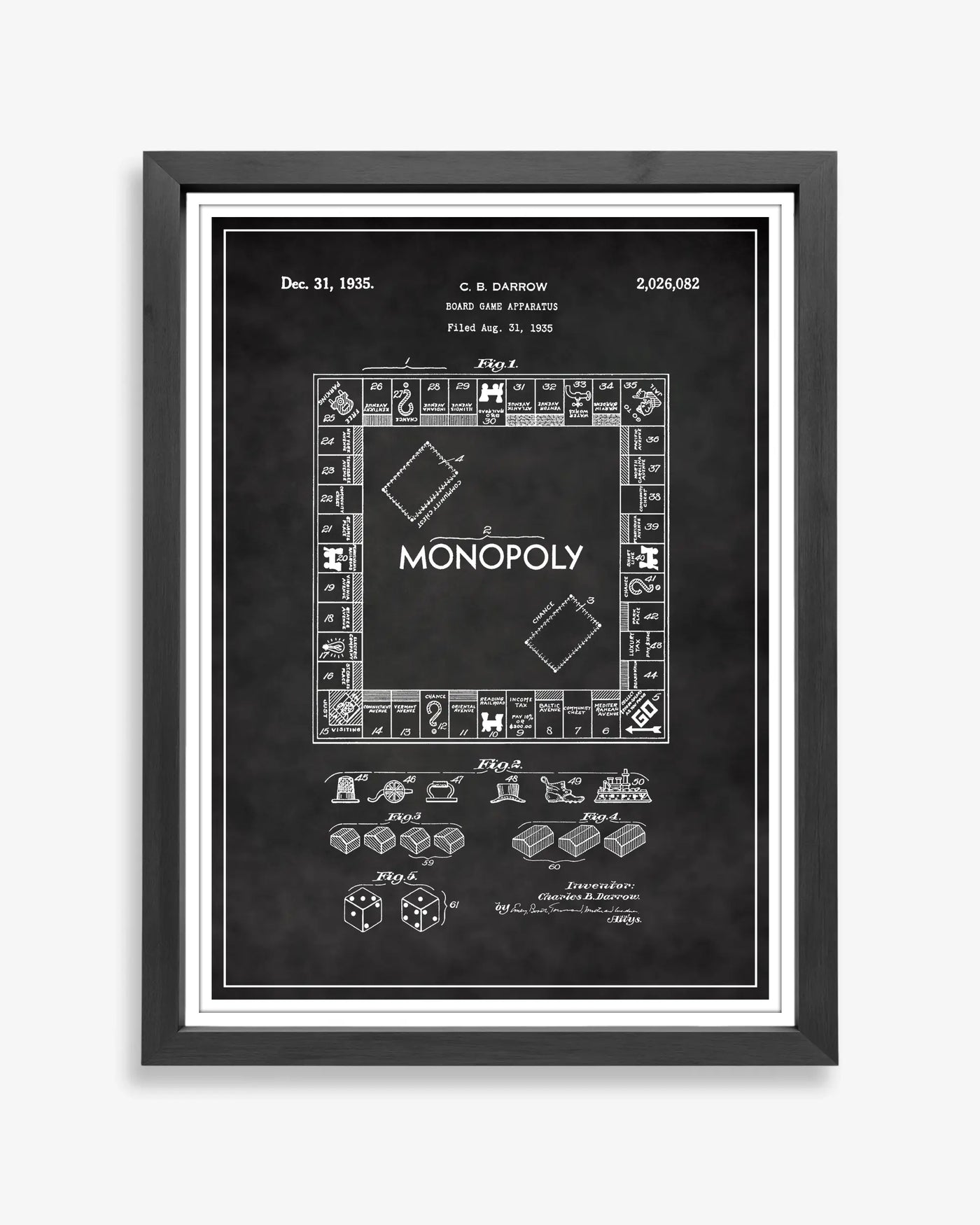 Monopoly design patent poster presented in chalkboard style, unframed and ready for display.