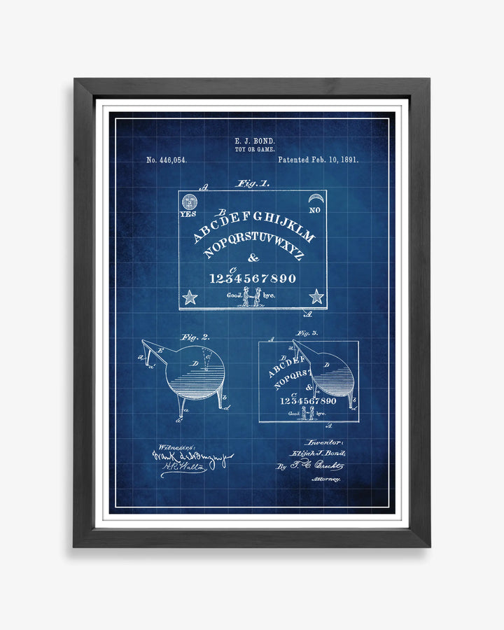 Ouija Board patent poster in blueprint style, high-resolution unframed wall art.