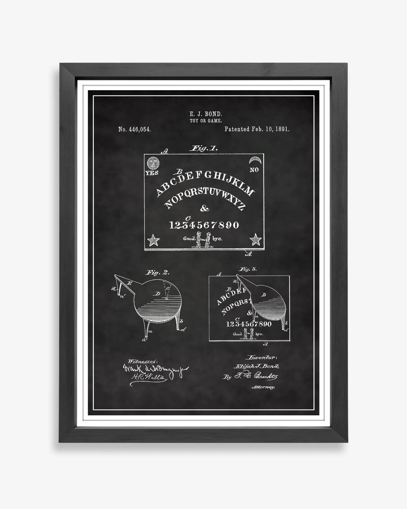 Unframed wall art featuring the Ouija Board patent poster in a chalkboard finish.
