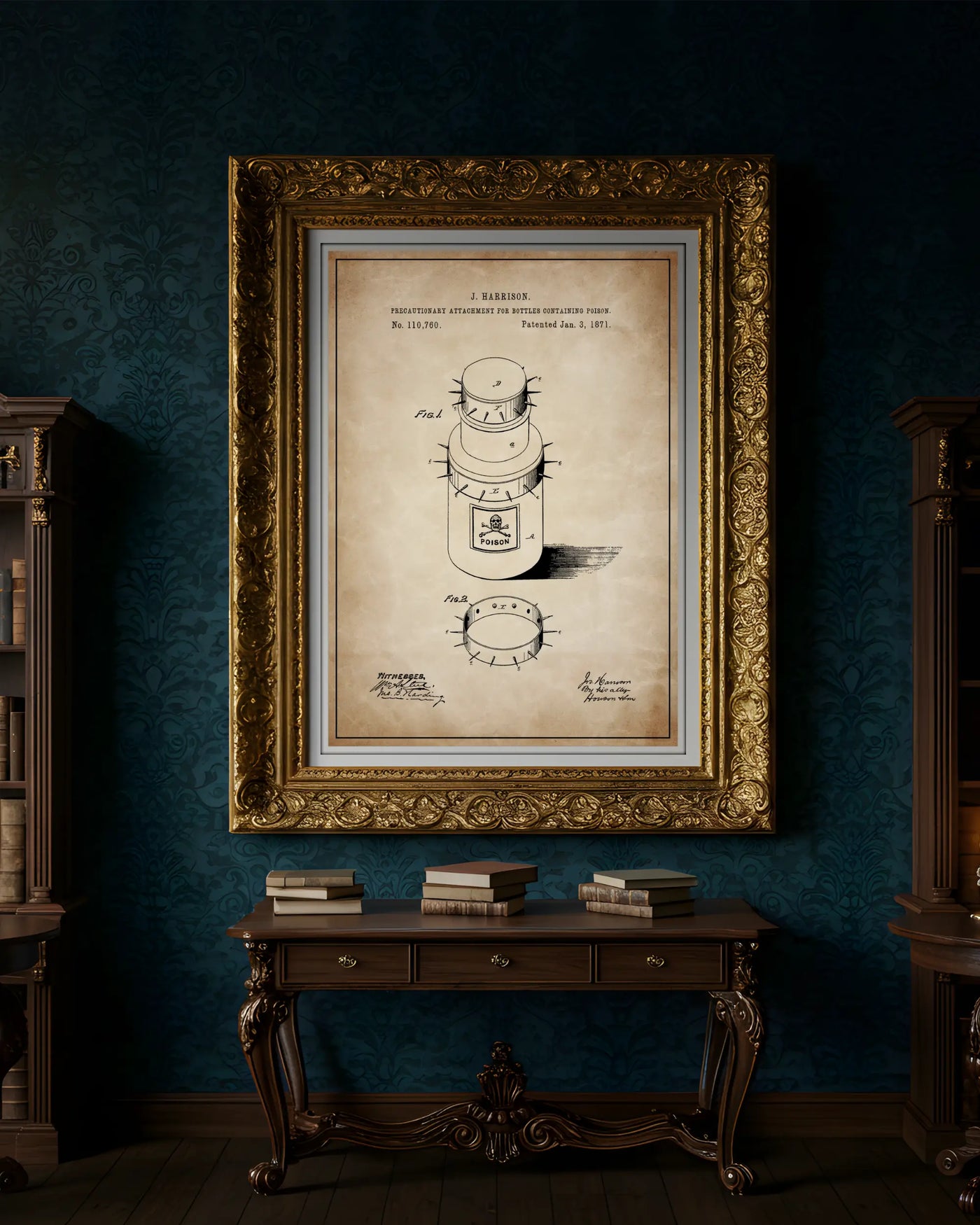 Unframed antique parchment style patent poster illustrating the Poison Bottle design.