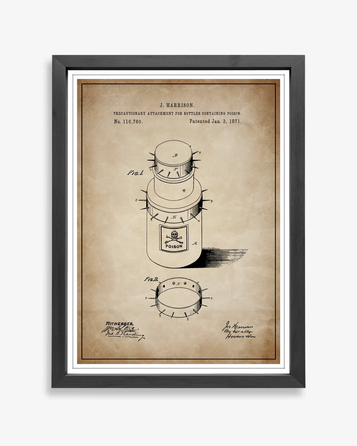 Unframed antique parchment style patent poster illustrating the Poison Bottle design.