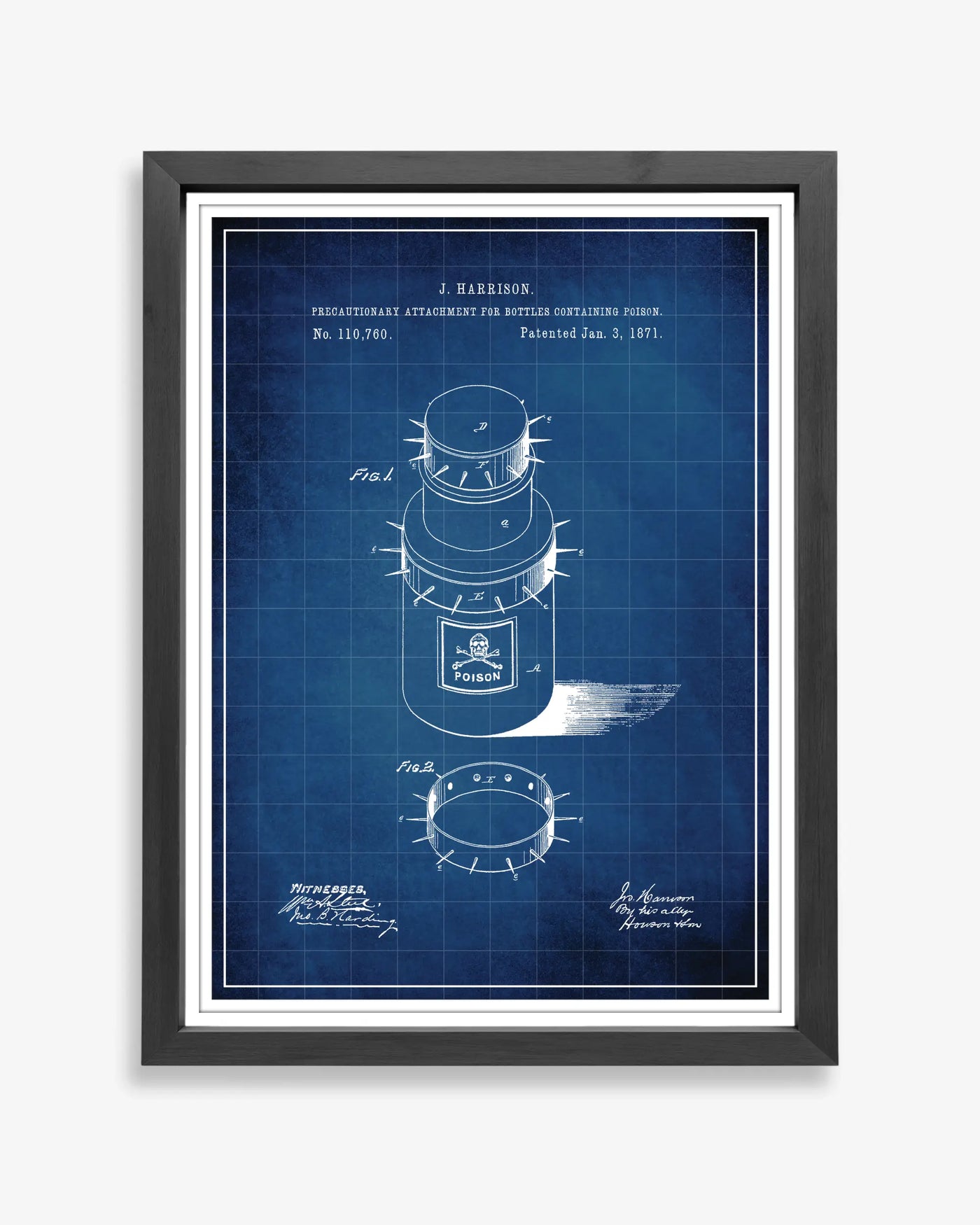 Unframed blueprint style patent poster illustrating the Poison Bottle design.
