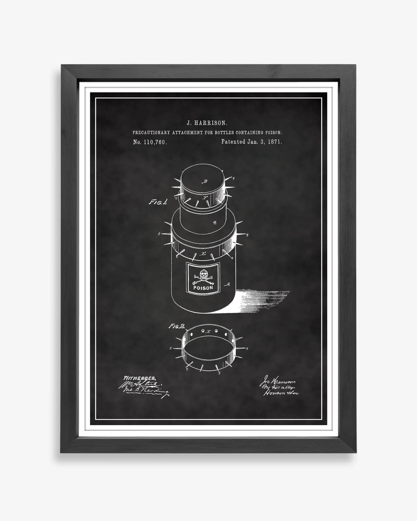 Poison Bottle design patent poster presented in chalkboard style, unframed and ready for display.