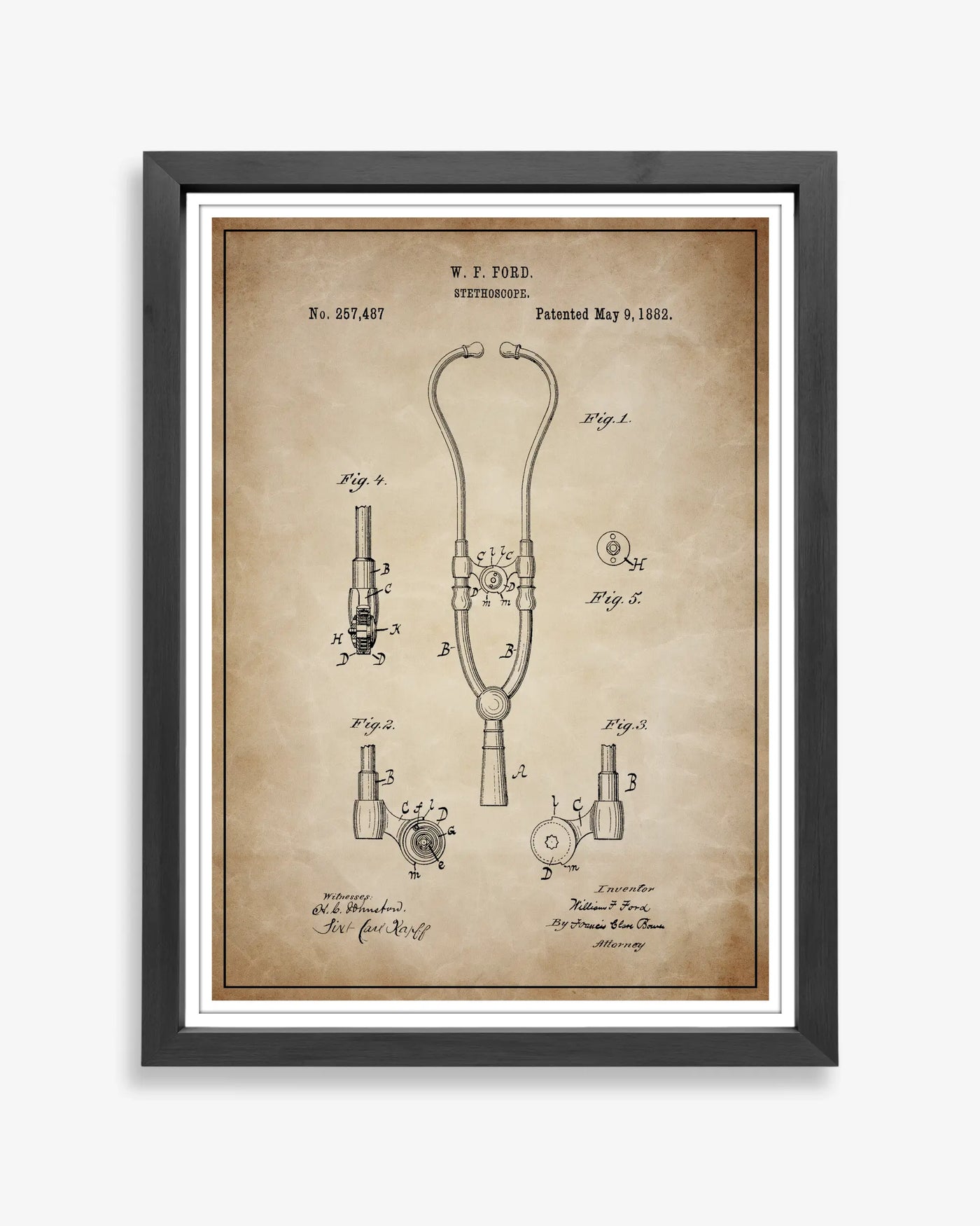 Unframed antique parchment style patent poster illustrating the Stethoscope design.