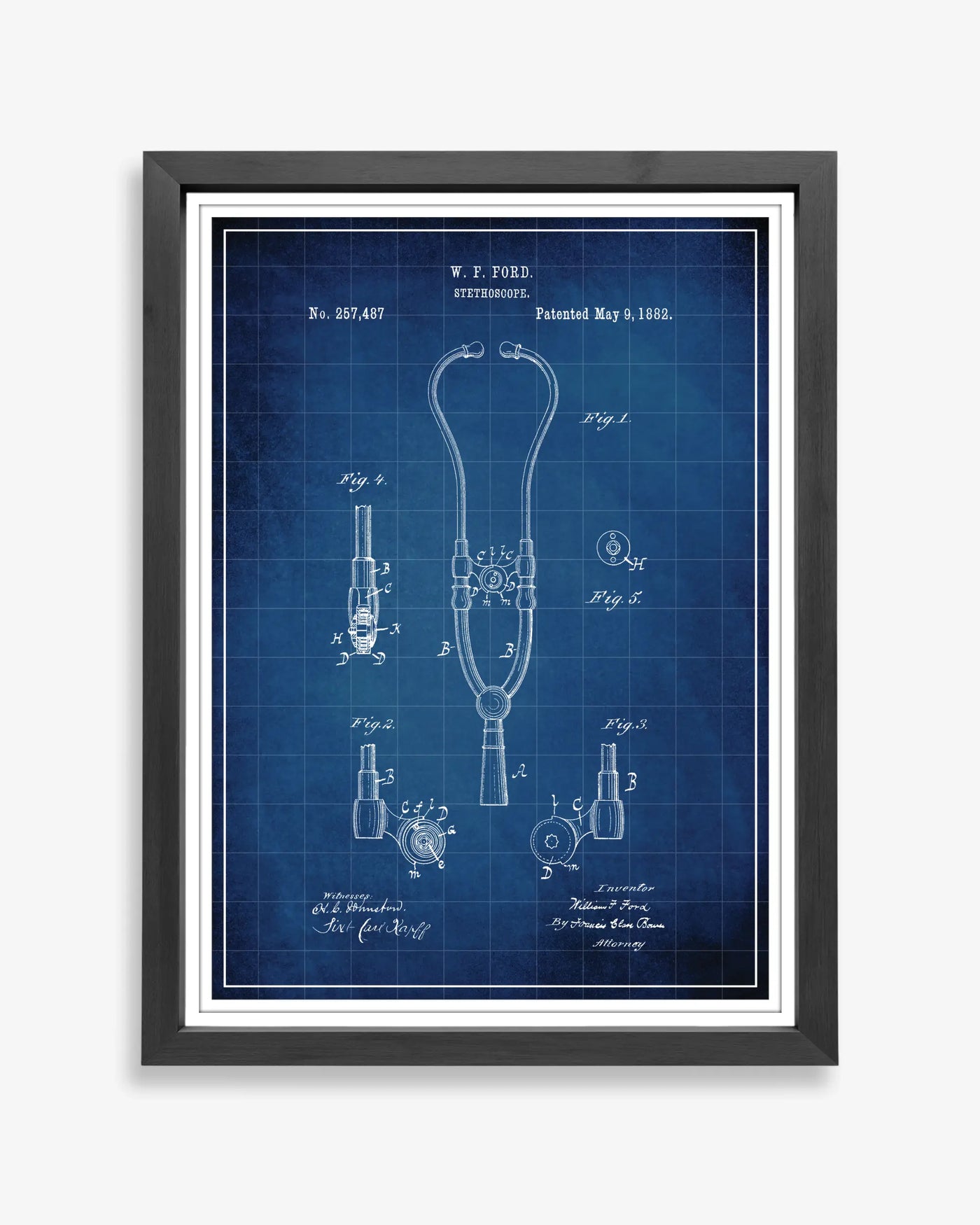 Unframed blueprint style patent poster illustrating the Stethoscope design.