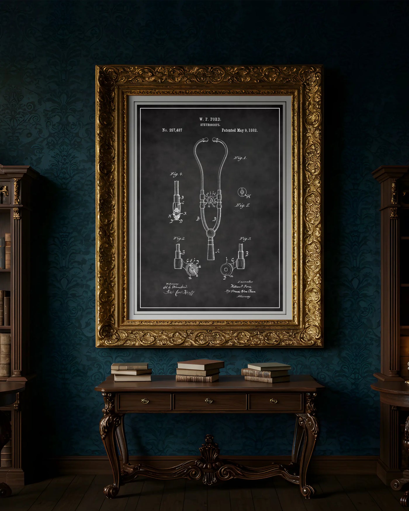 Unframed wall art featuring the Stethoscope patent poster in a chalkboard finish.