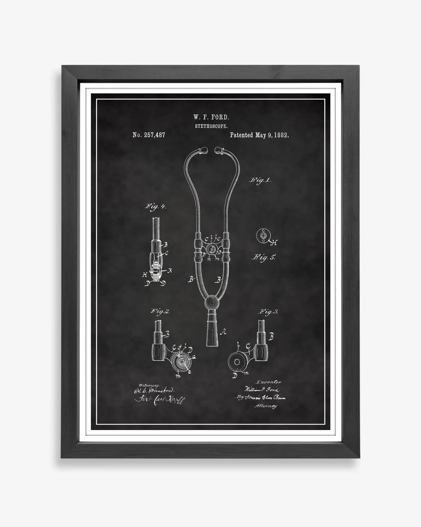 Unframed wall art featuring the Stethoscope patent poster in a chalkboard finish.
