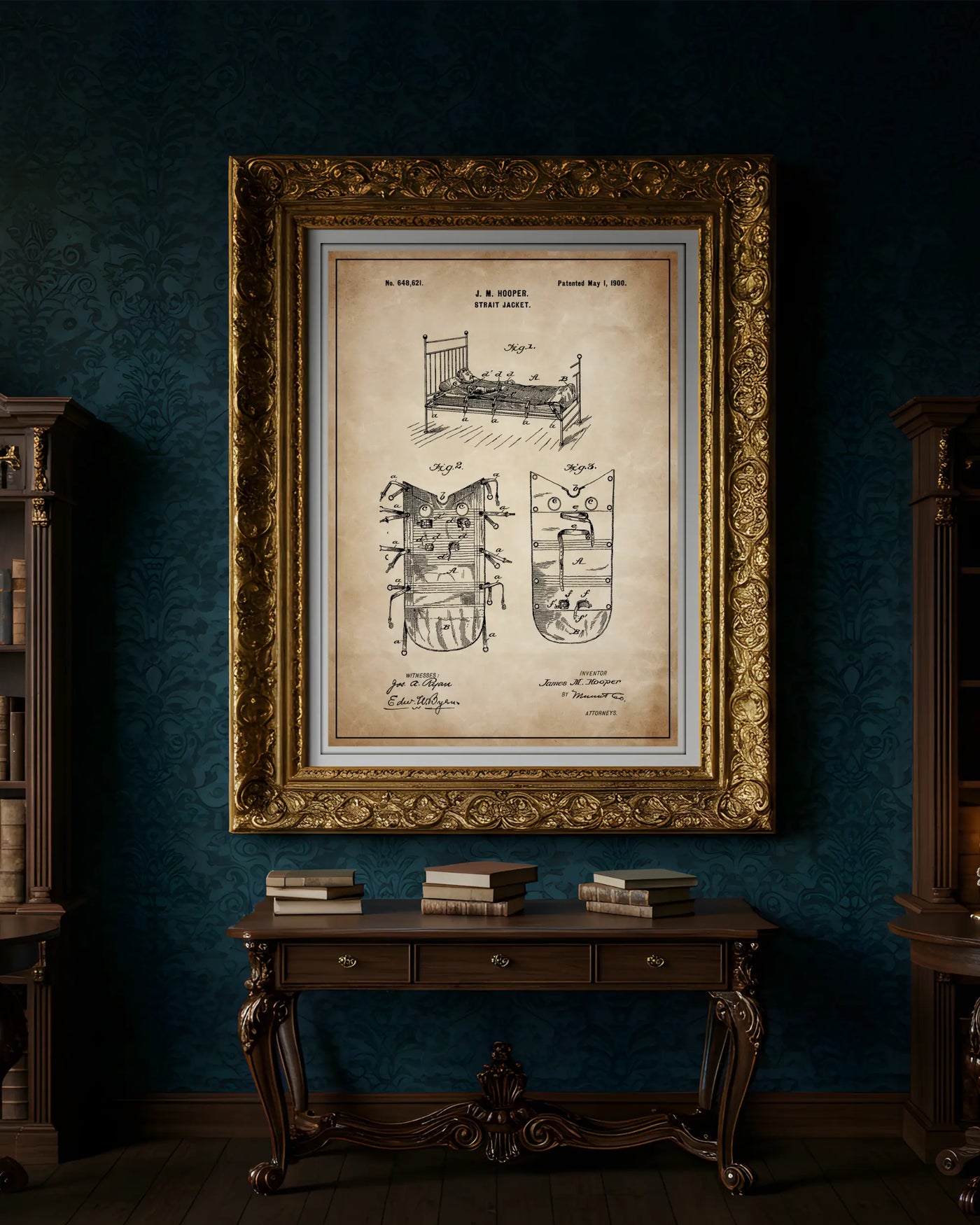 Unframed wall art featuring the Strait Jacket patent poster in a antique parchment finish.