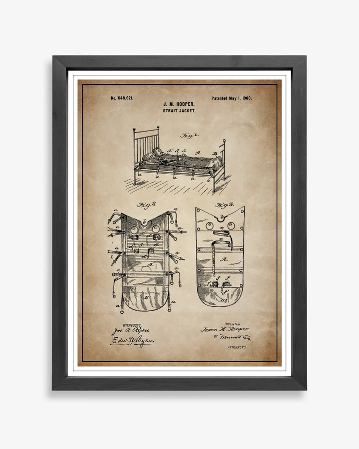 Unframed wall art featuring the Strait Jacket patent poster in a antique parchment finish.