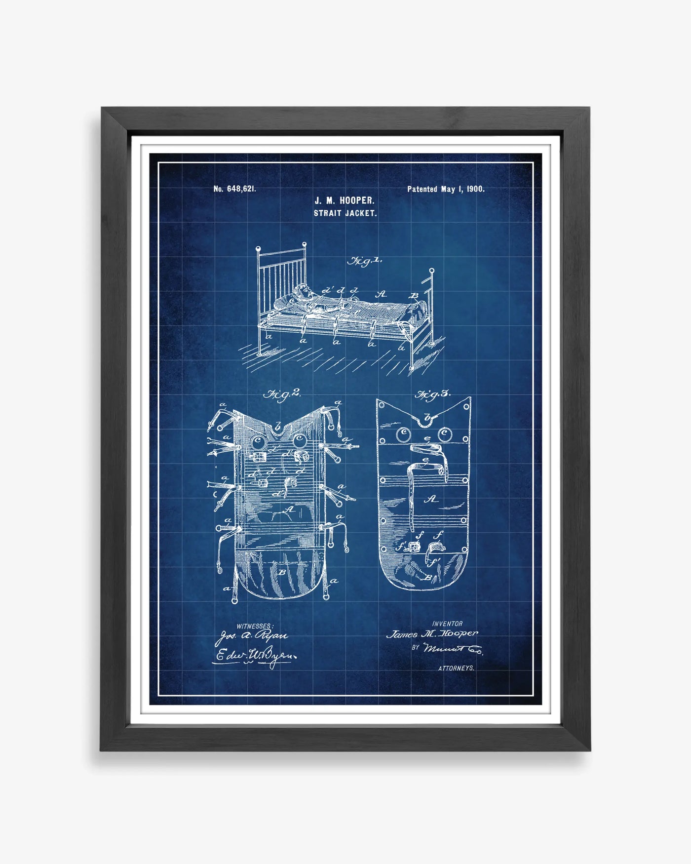 Unframed blueprint style patent poster illustrating the Strait Jacket design.