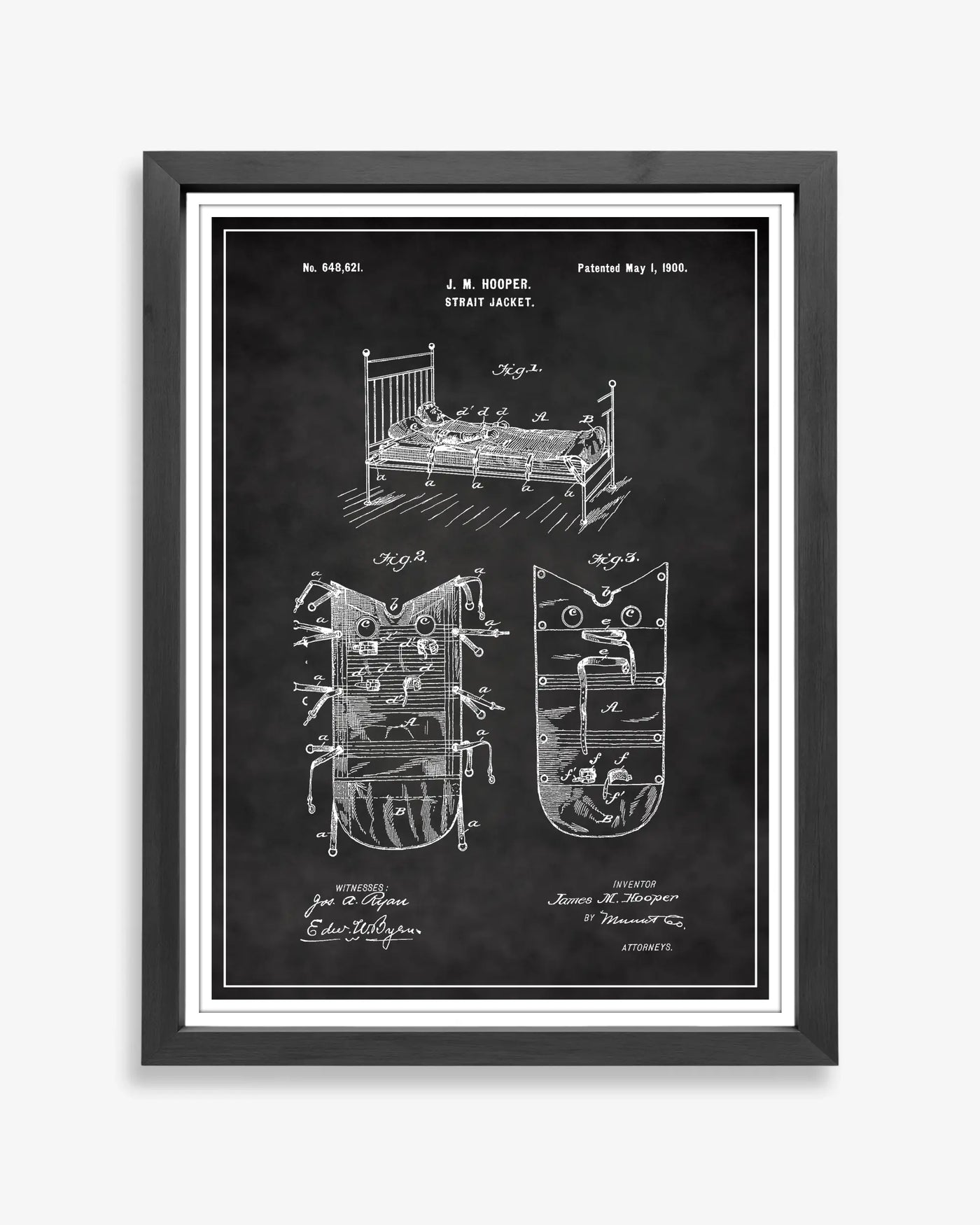 Unframed chalkboard style patent poster illustrating the Strait Jacket design.