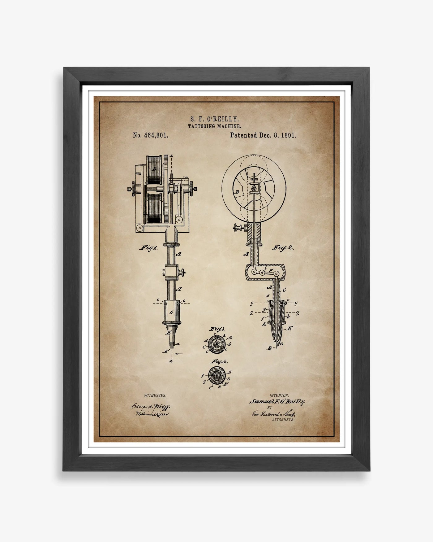 Tattoo Machine design patent poster presented in antique parchment style, unframed and ready for display.