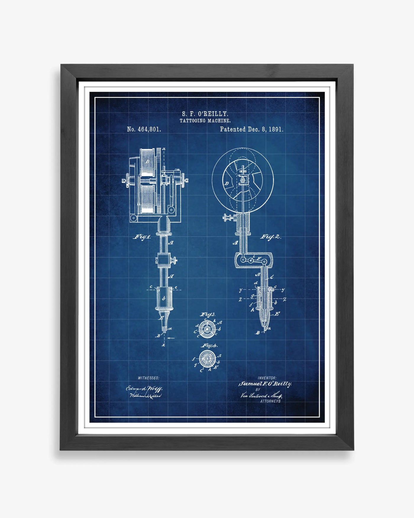 Unframed blueprint style patent poster illustrating the Tattoo Machine design.