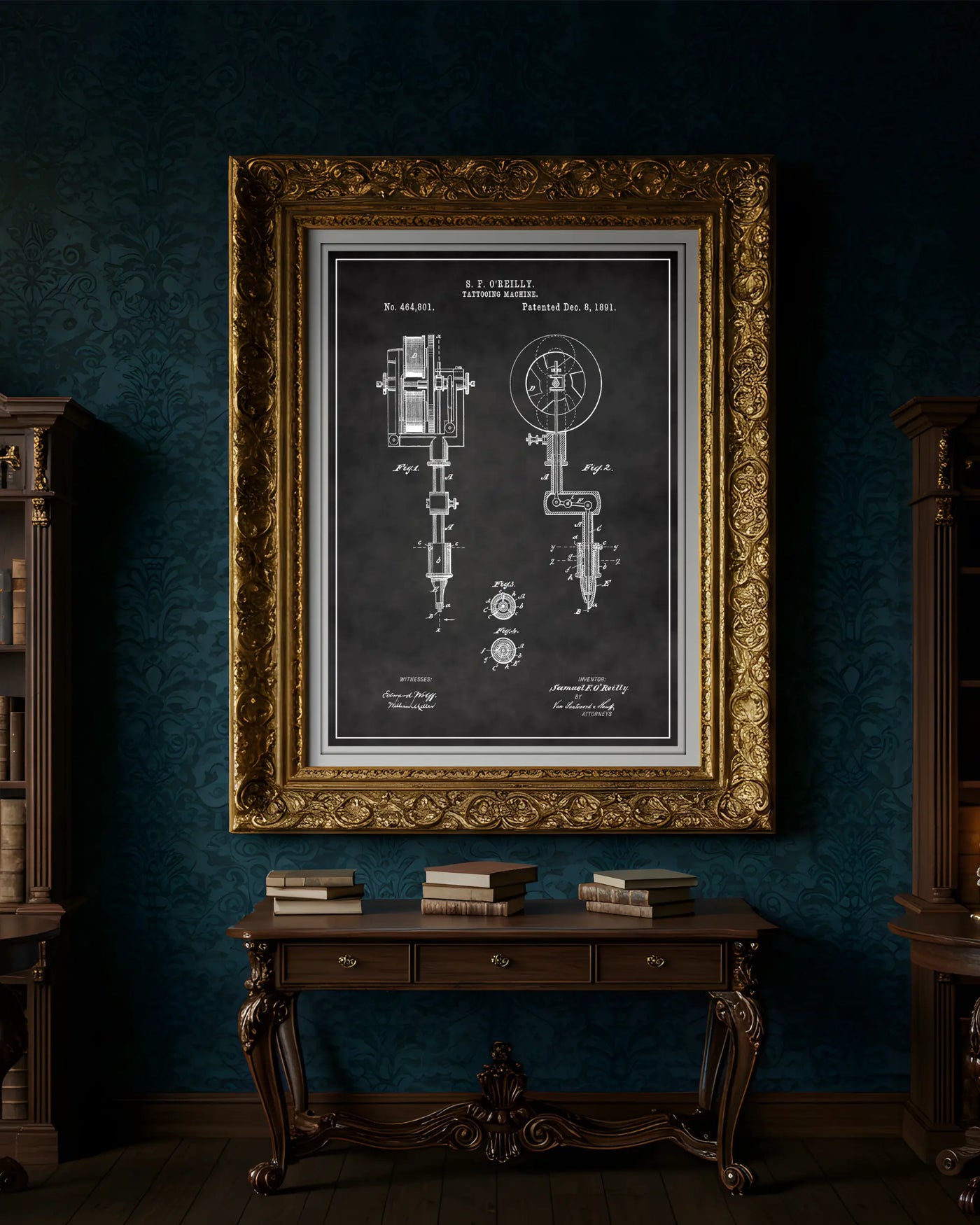 Tattoo Machine design patent poster presented in chalkboard style, unframed and ready for display.