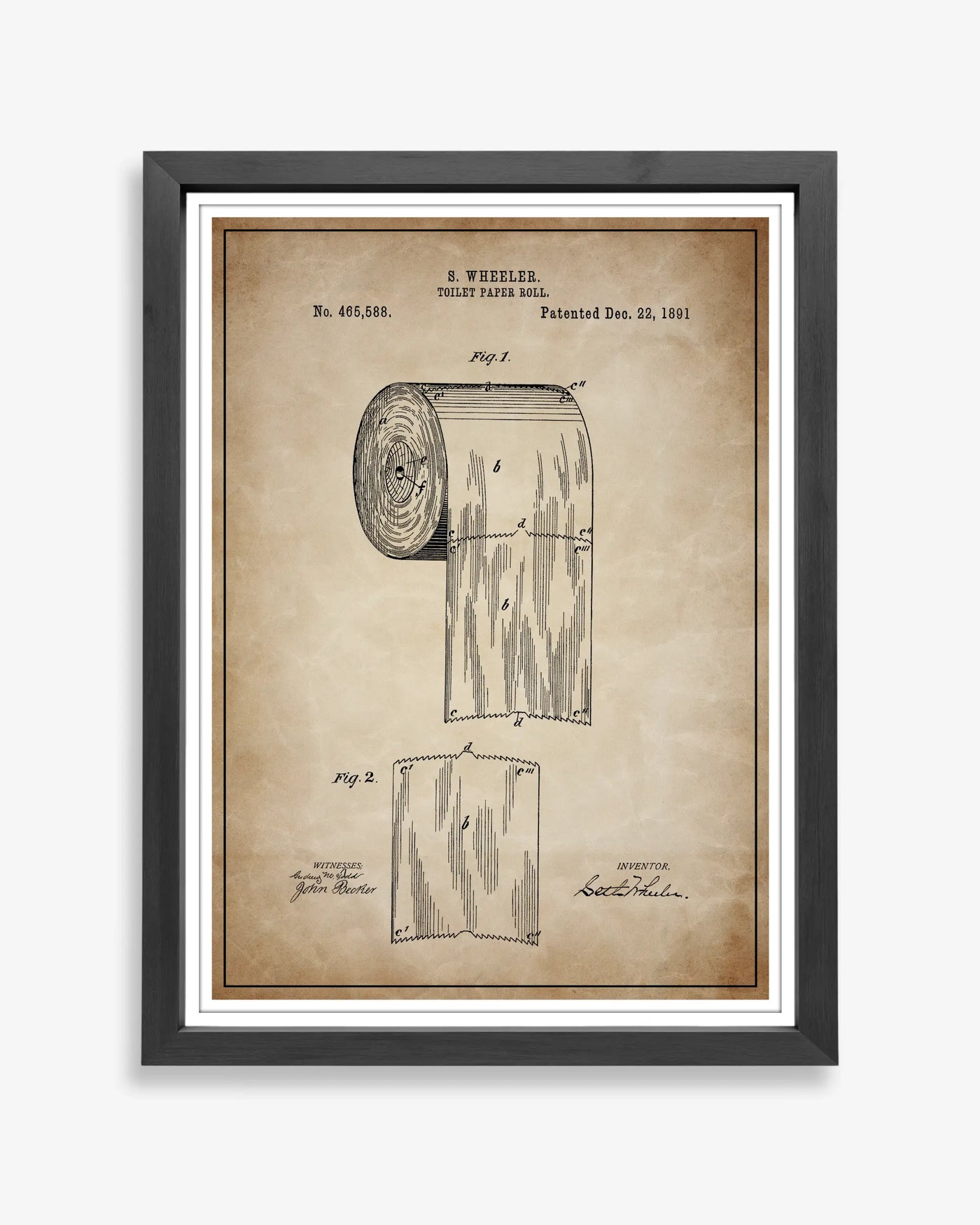 Toilet Paper Roll patent poster in antique parchment style, high-resolution unframed wall art.