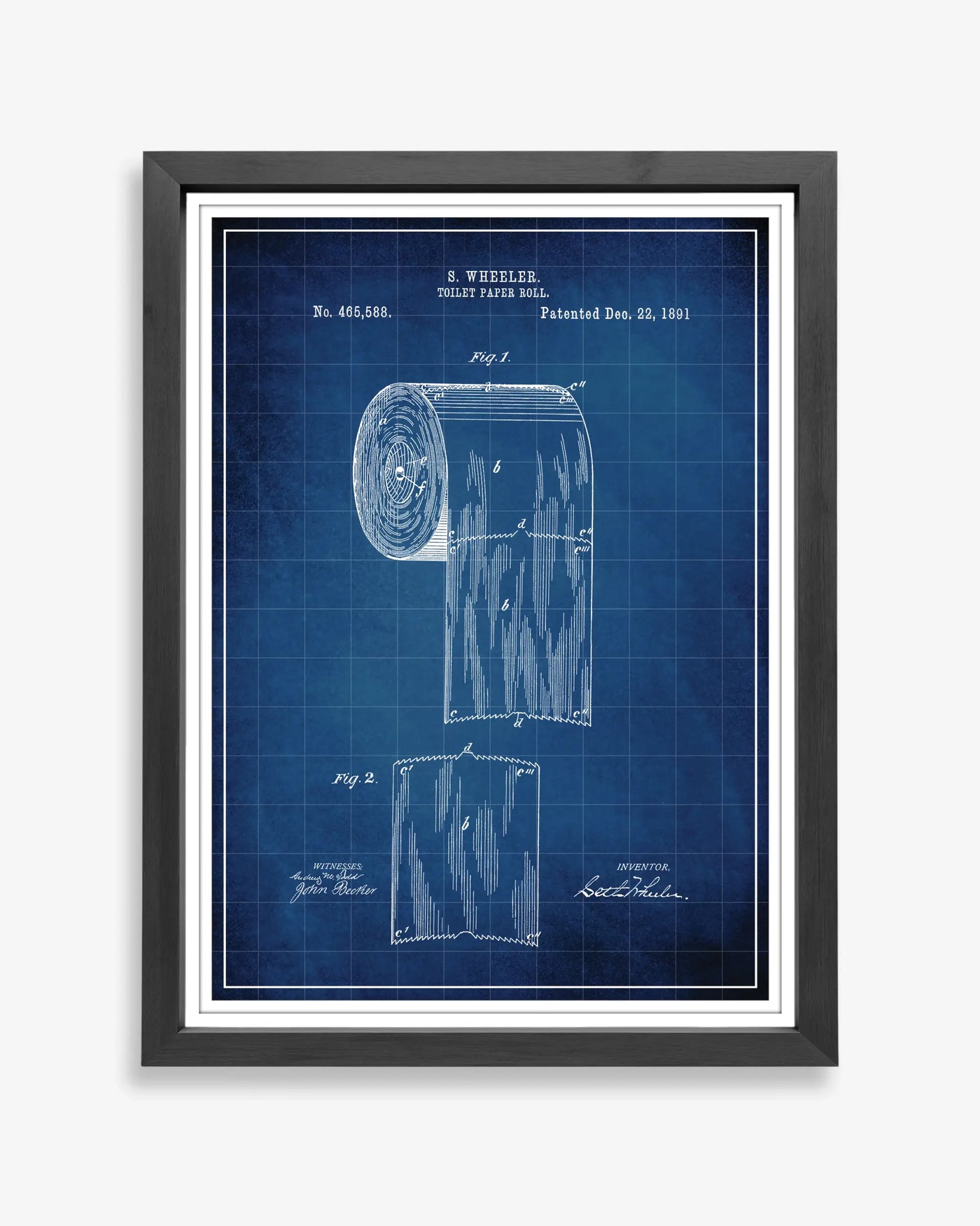Unframed wall art featuring the Toilet Paper Roll patent poster in a blueprint finish.