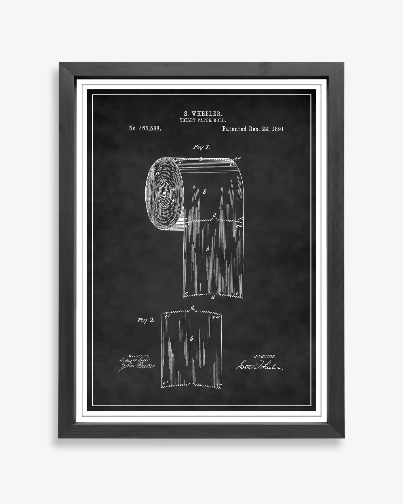 Toilet Paper Roll design patent poster presented in chalkboard style, unframed and ready for display.